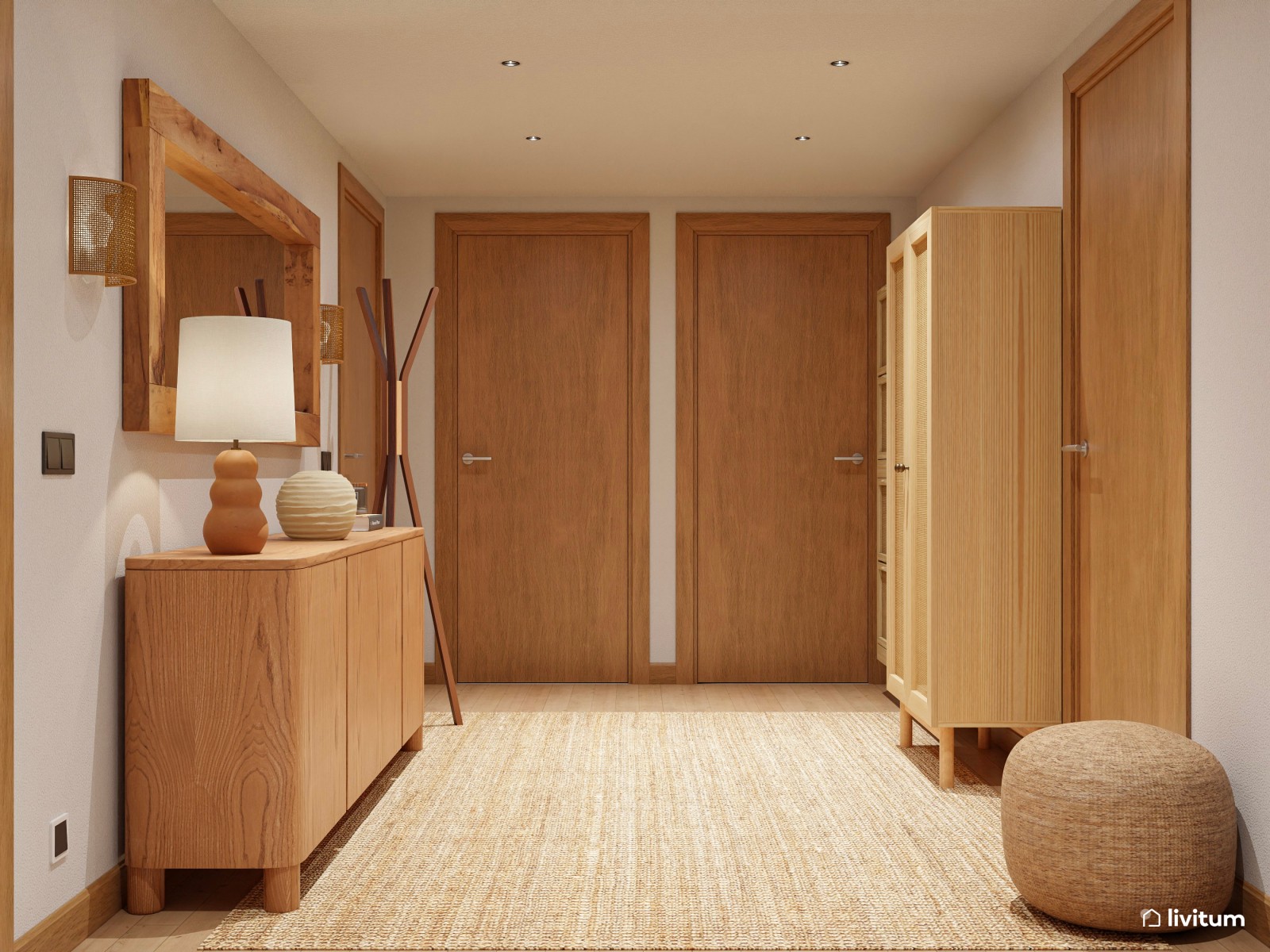 Cálido recibidor diseñado en madera y decorado con texturas naturales