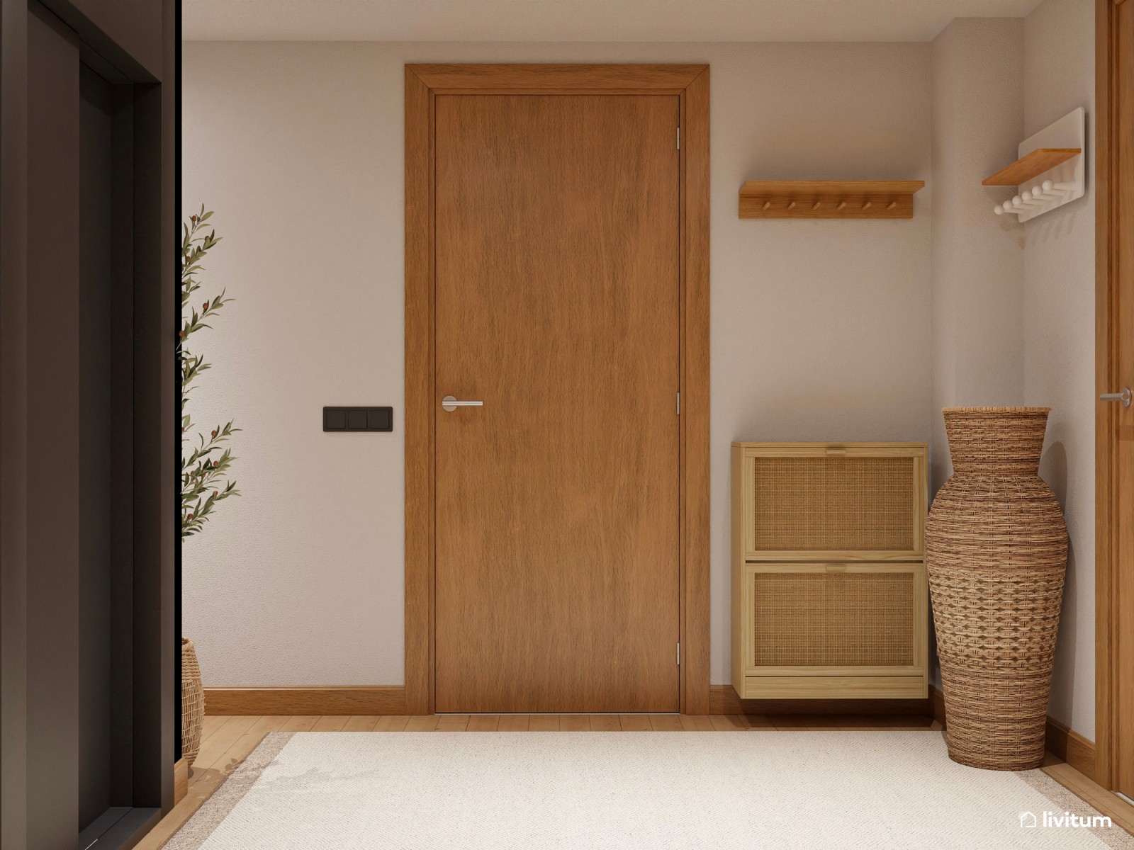 Cálido recibidor diseñado en madera y decorado con texturas naturales