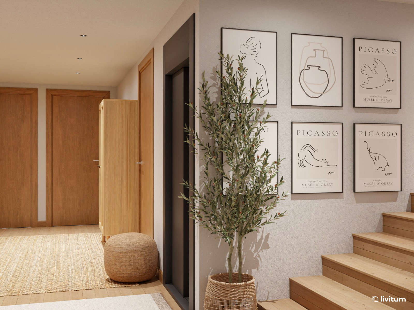 Cálido recibidor diseñado en madera y decorado con texturas naturales