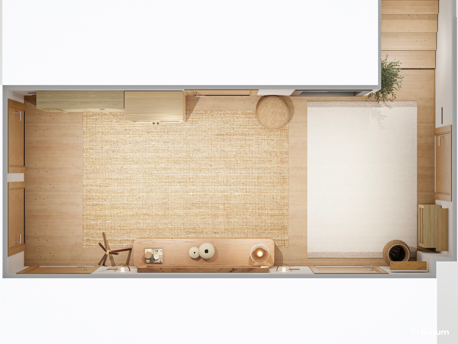 Cálido recibidor diseñado en madera y decorado con texturas naturales