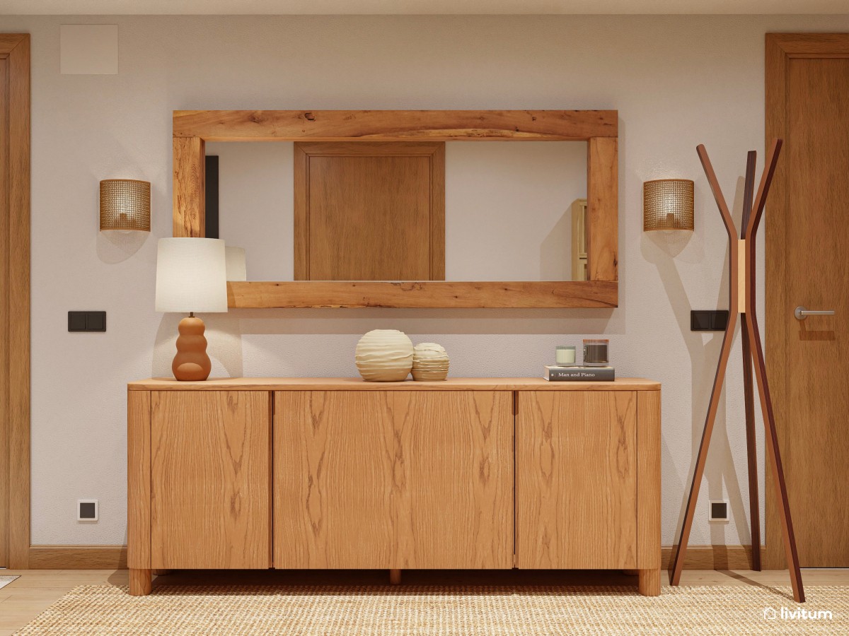 Cálido recibidor diseñado en madera y decorado con texturas naturales