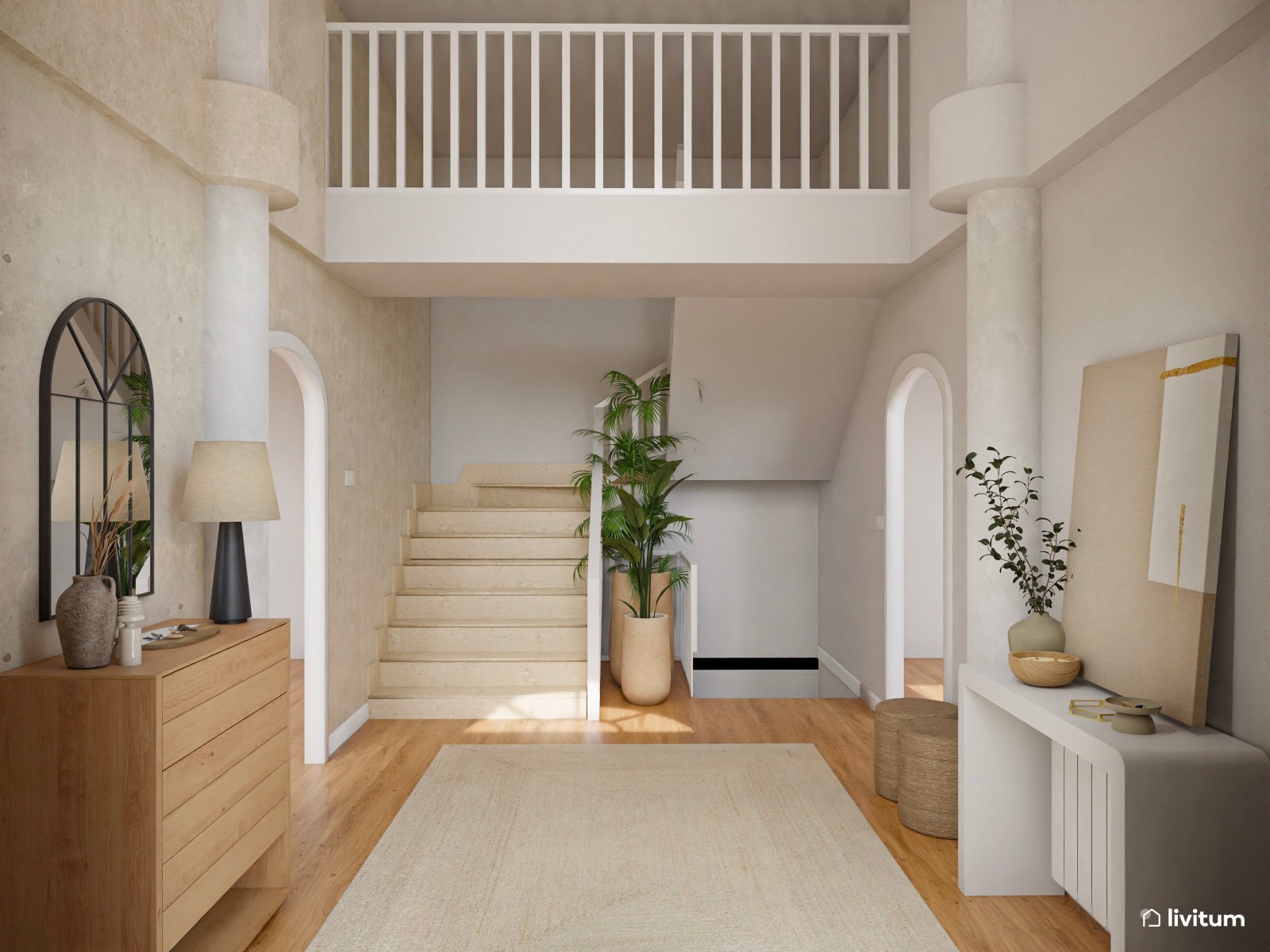 Cálido recibidor en tonos tierra con detalles en fibras naturales