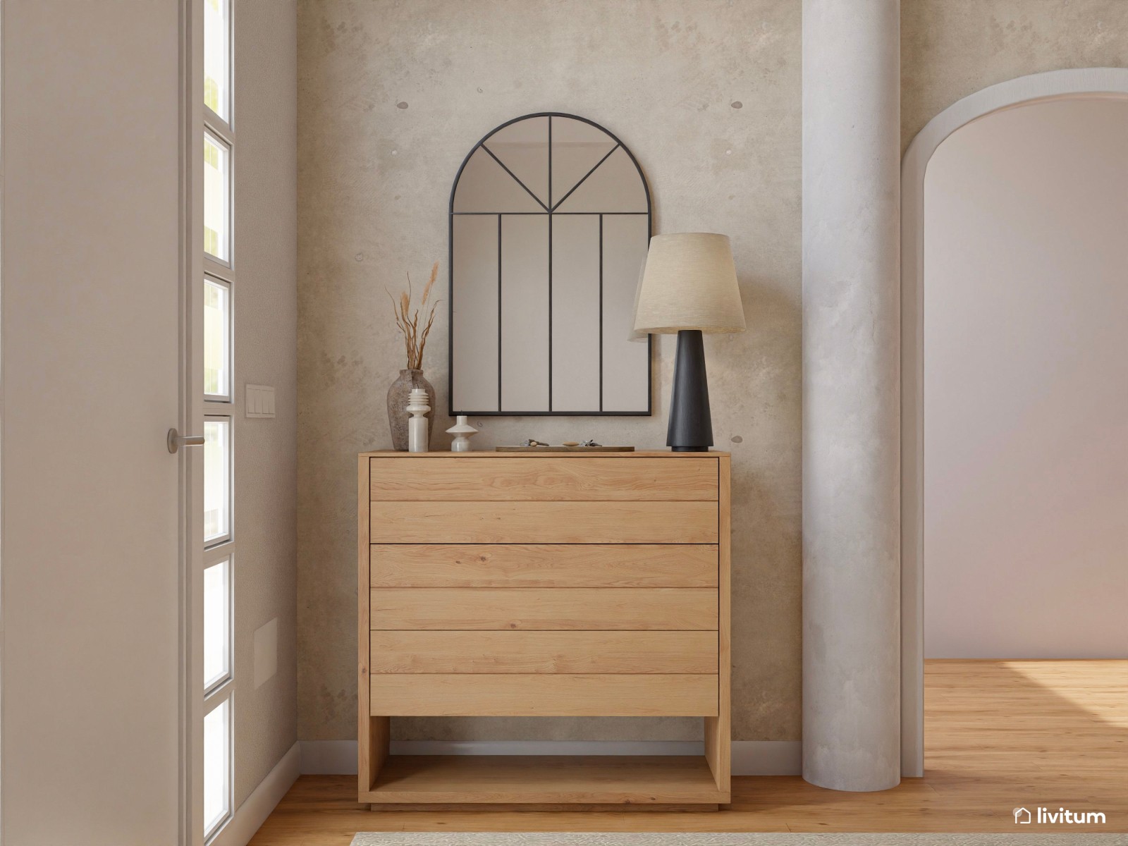 Cálido recibidor en tonos tierra con detalles en fibras naturales