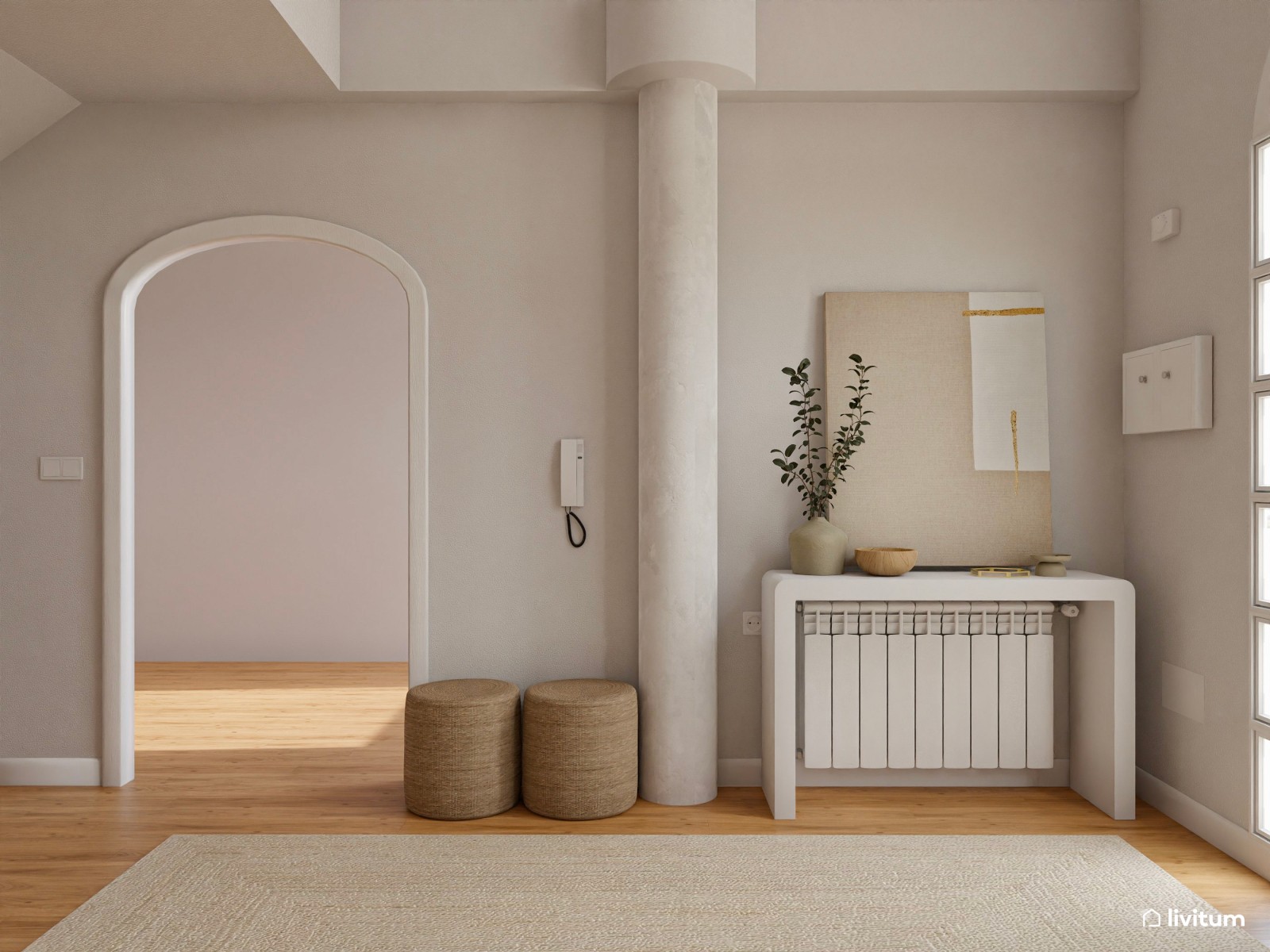 Cálido recibidor en tonos tierra con detalles en fibras naturales