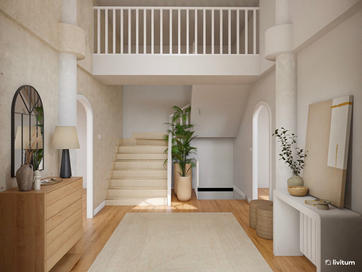 Cálido recibidor en tonos tierra con detalles en fibras naturales