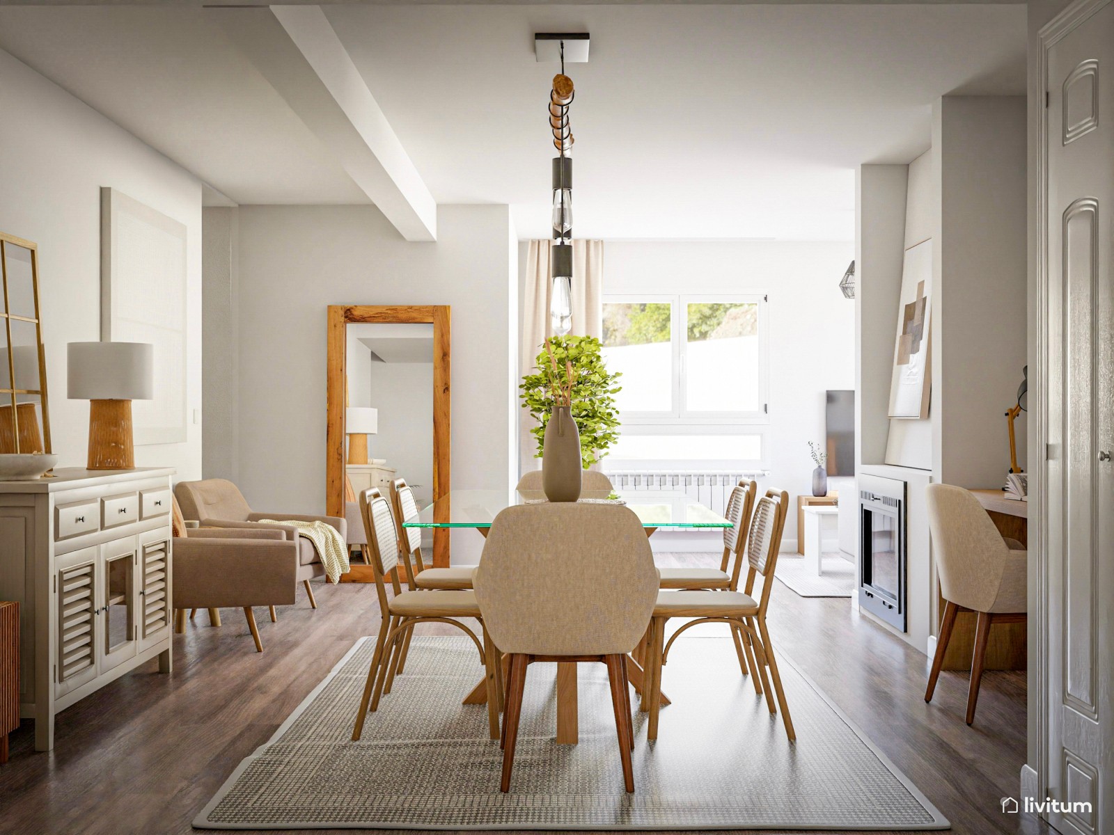 Cálido salón comedor con escritorio rústico 