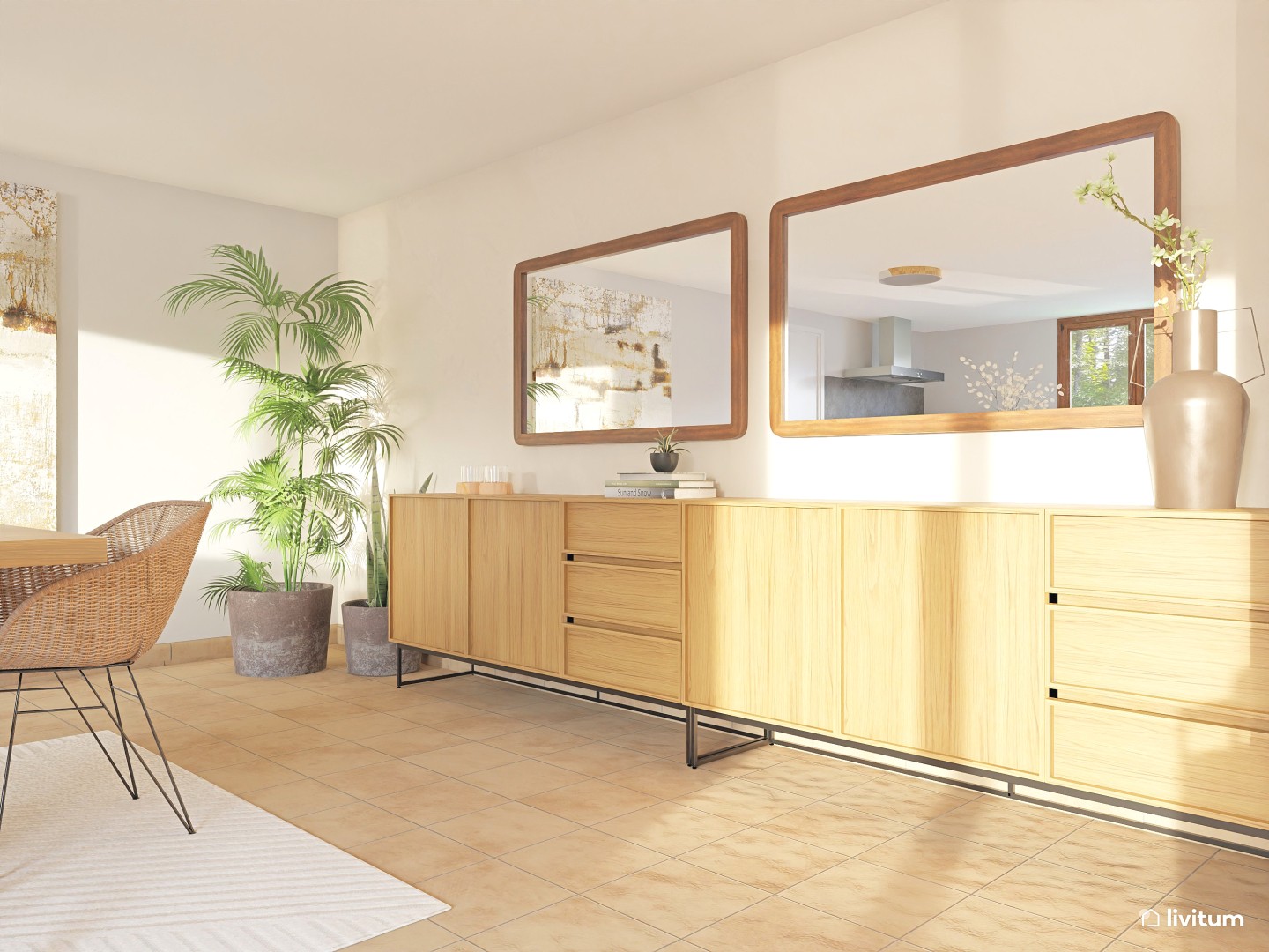 Cálido salón comedor de estilo rústico y nórdico - Livitum.com