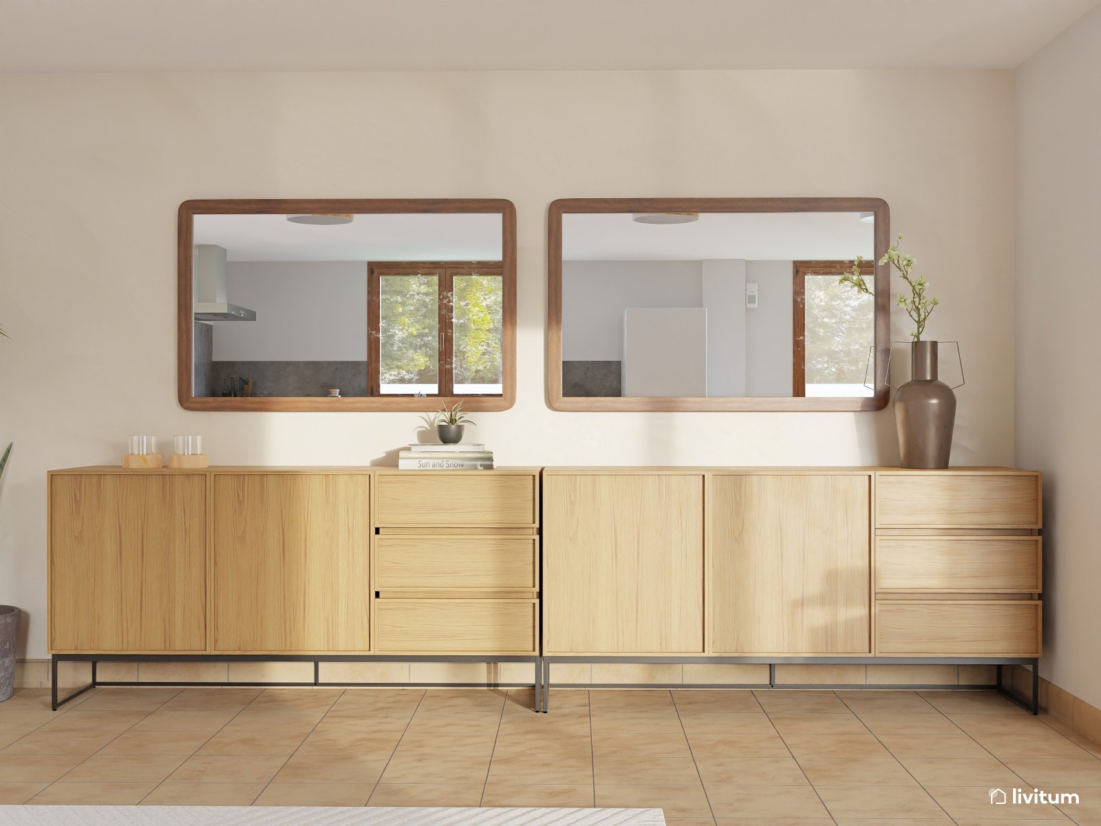Cálido salón comedor de estilo rústico y nórdico 