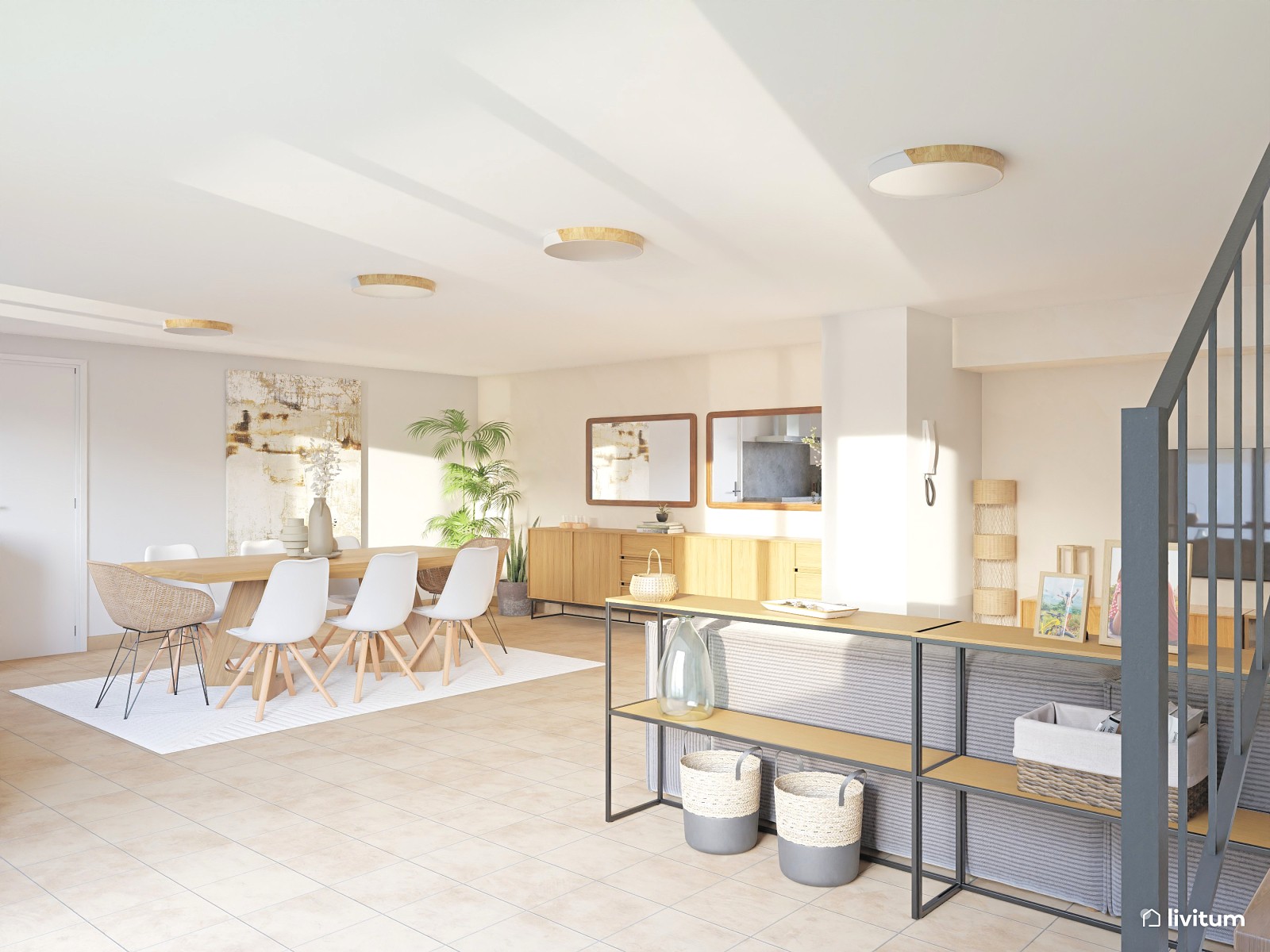 Cálido salón comedor de estilo rústico y nórdico 