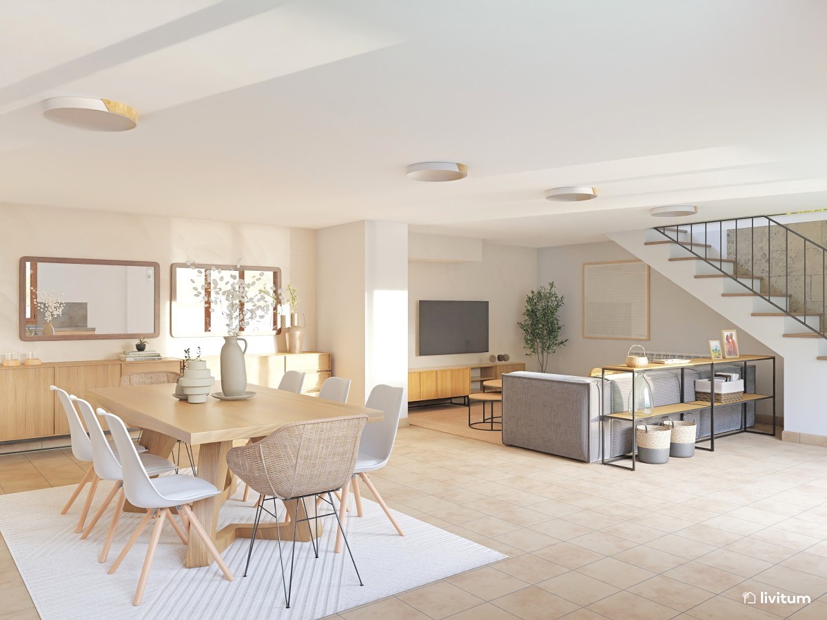 Cálido salón comedor de estilo rústico y nórdico - Livitum.com