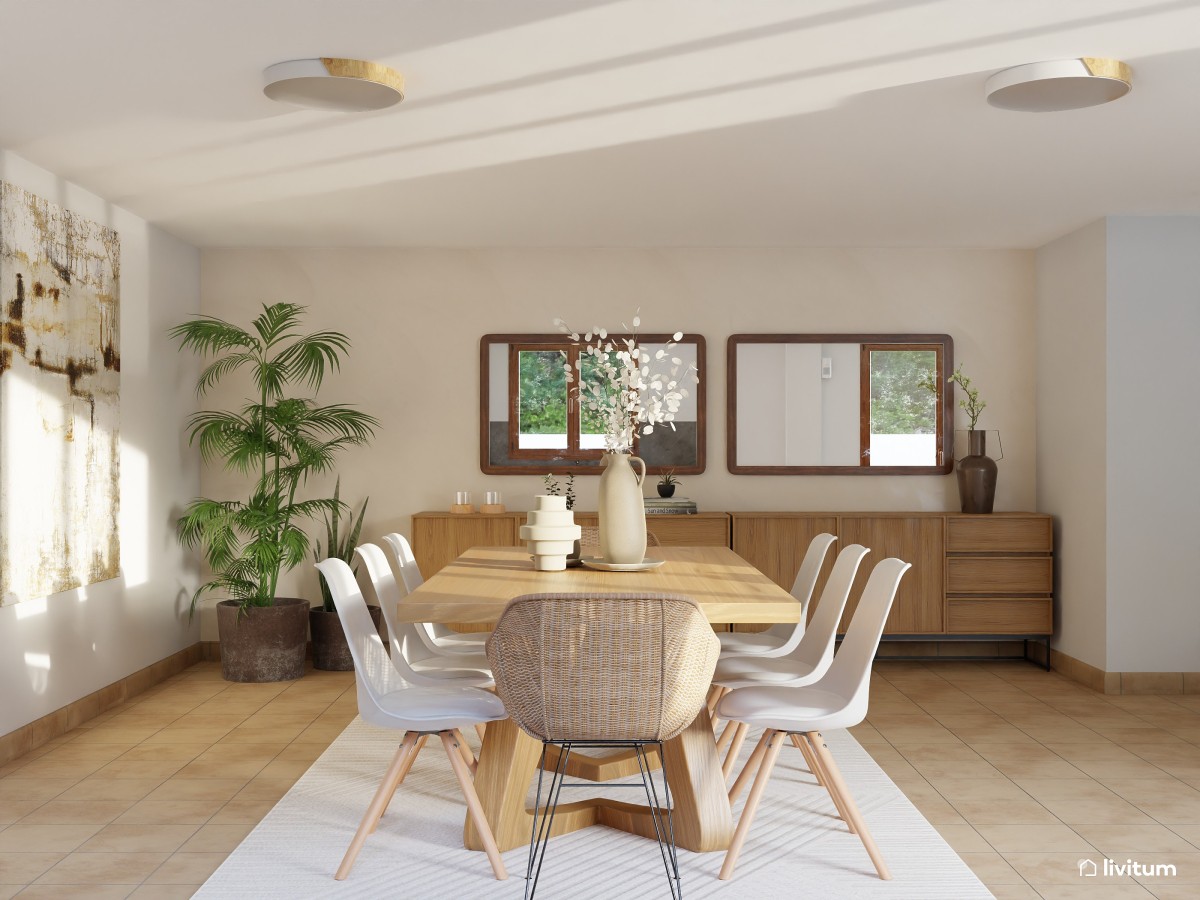 Cálido salón comedor de estilo rústico y nórdico - Livitum.com