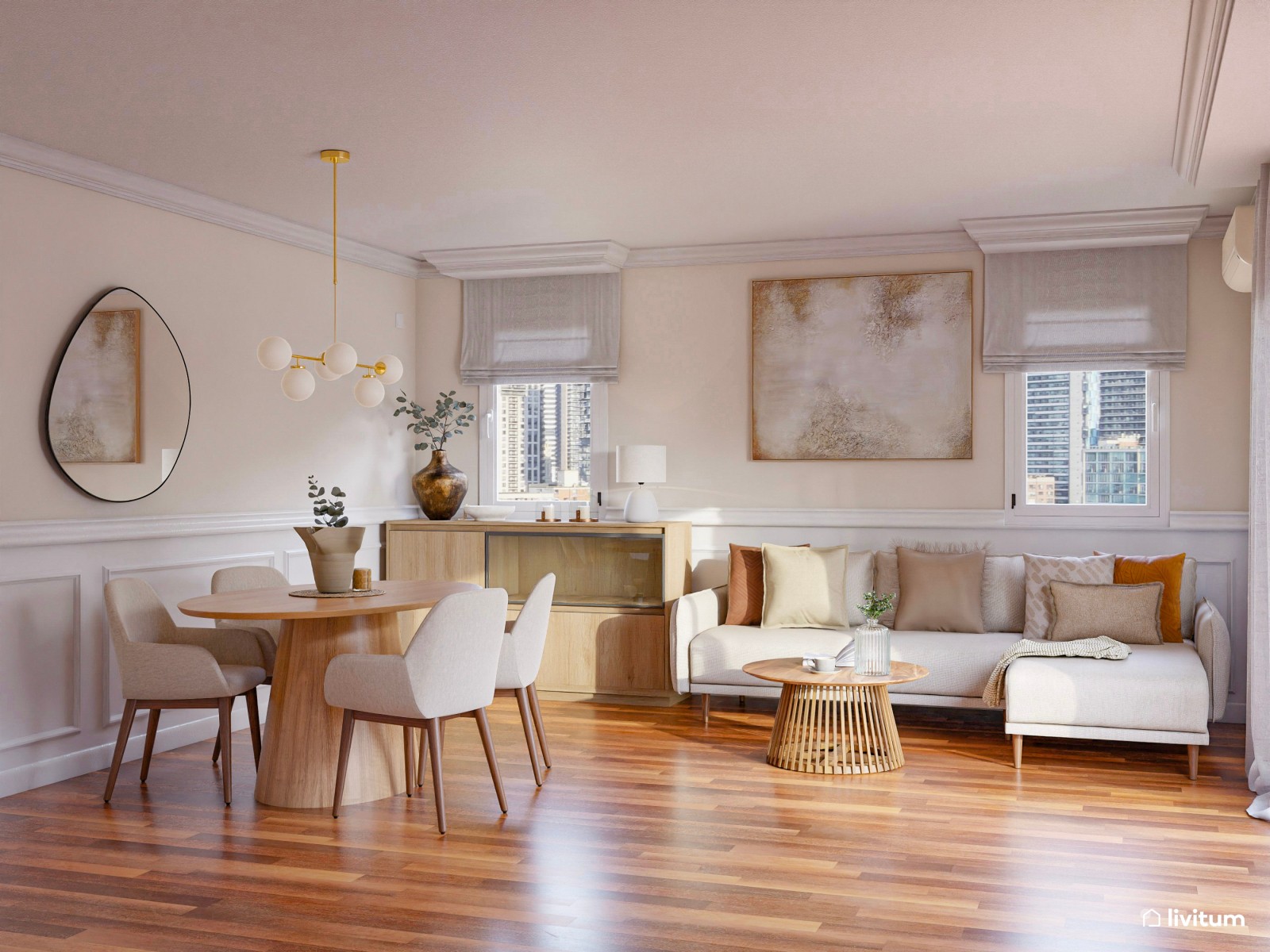 Cálido salón comedor decorado en blanco y madera con toques de dorado 