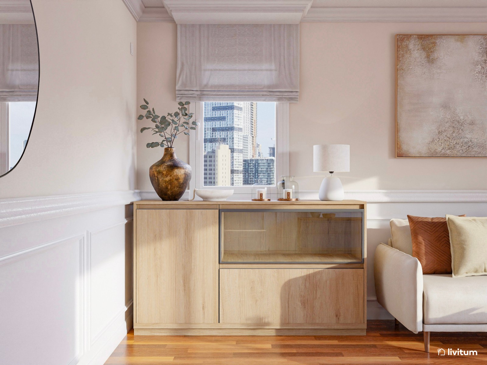 Cálido salón comedor decorado en blanco y madera con toques de dorado 