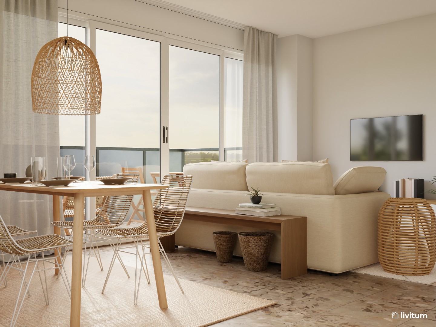 Cálido salón comedor rústico y boho en tonos neutros - Livitum.com