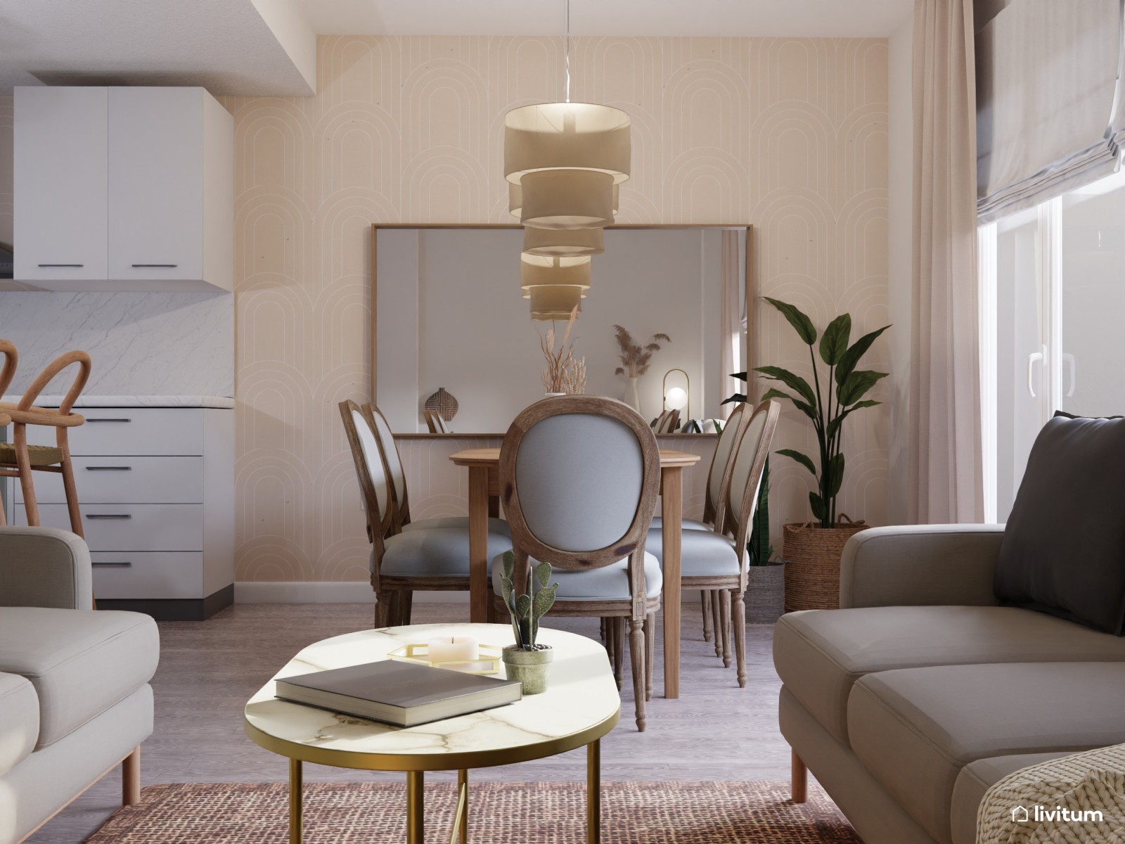 Cálido y luminoso salón-comedor de estilo nórdico 
