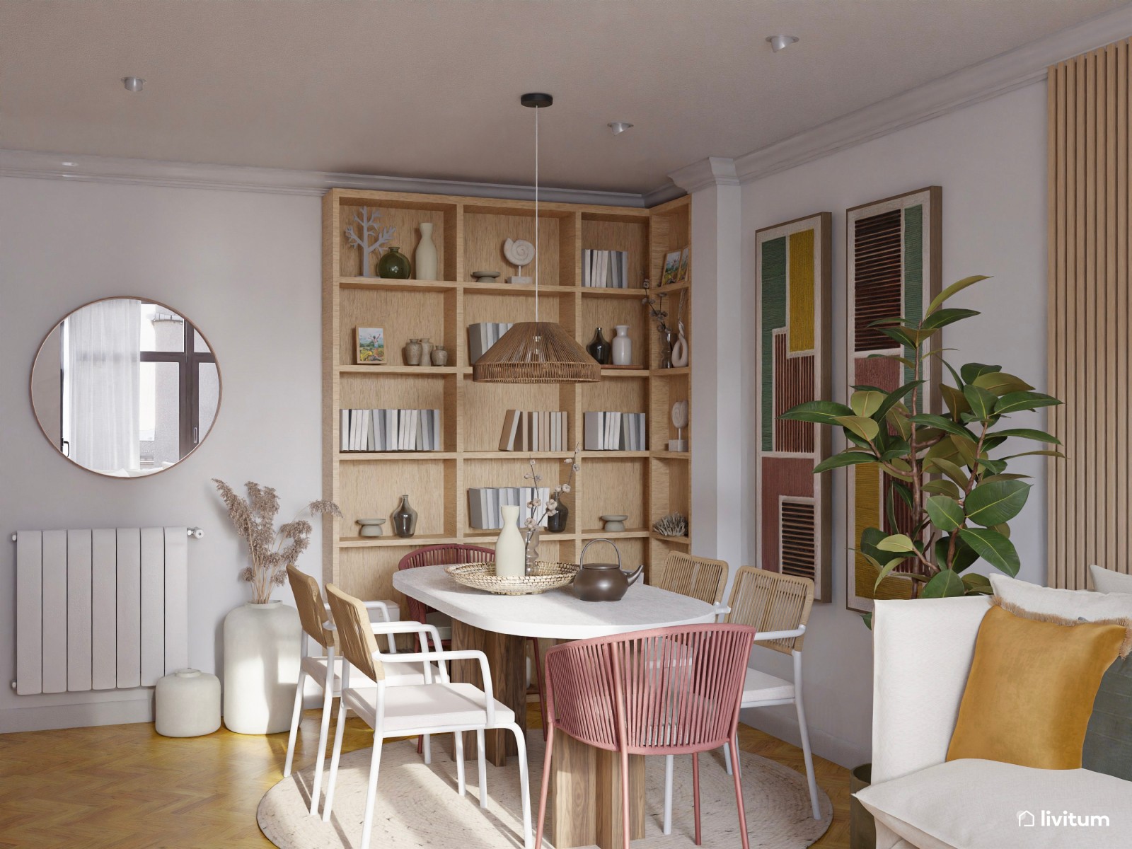 Colorido salón comedor en tonos cálidos y detalles en verde y burdeos