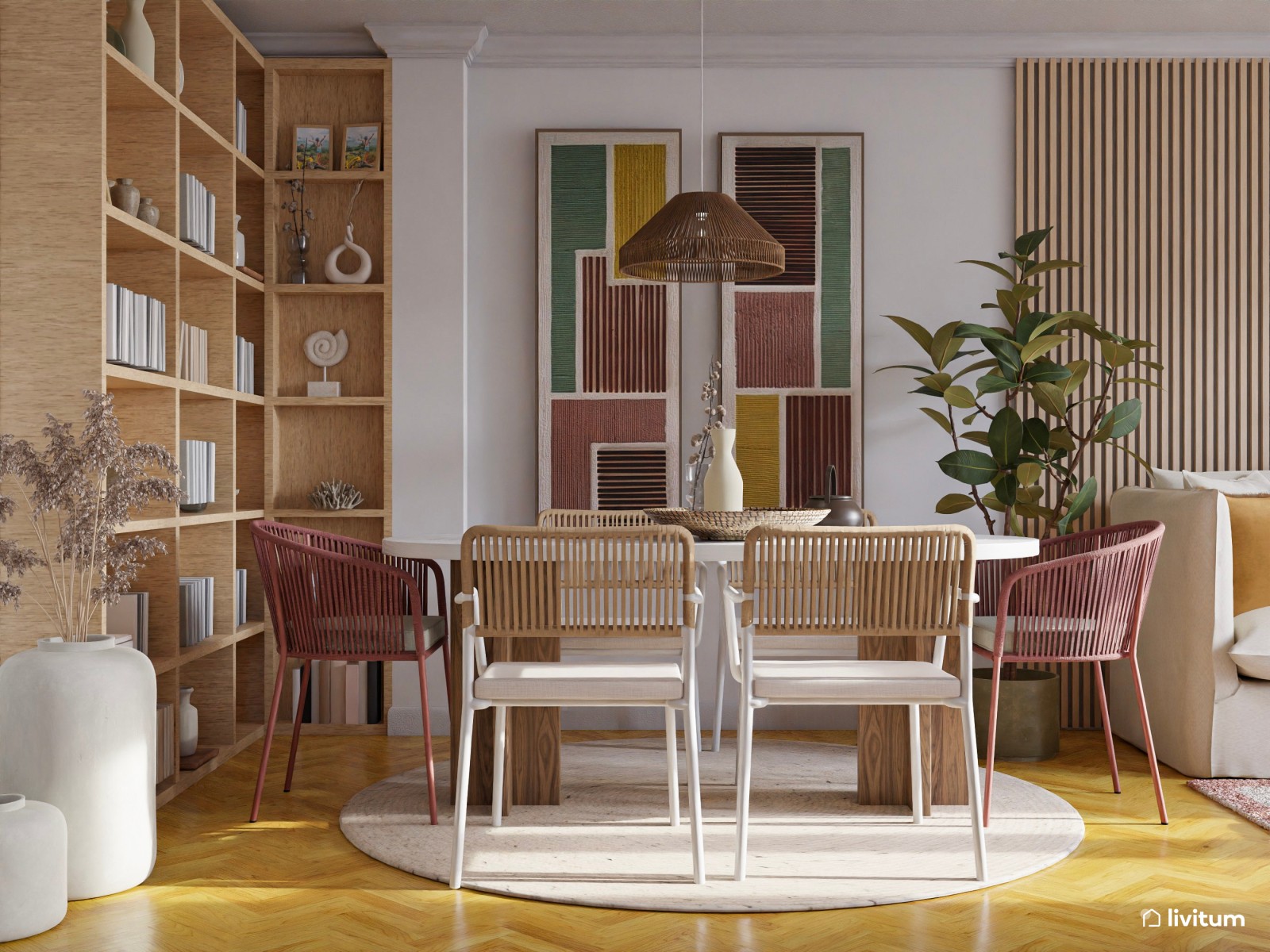 Colorido salón comedor en tonos cálidos y detalles en verde y burdeos