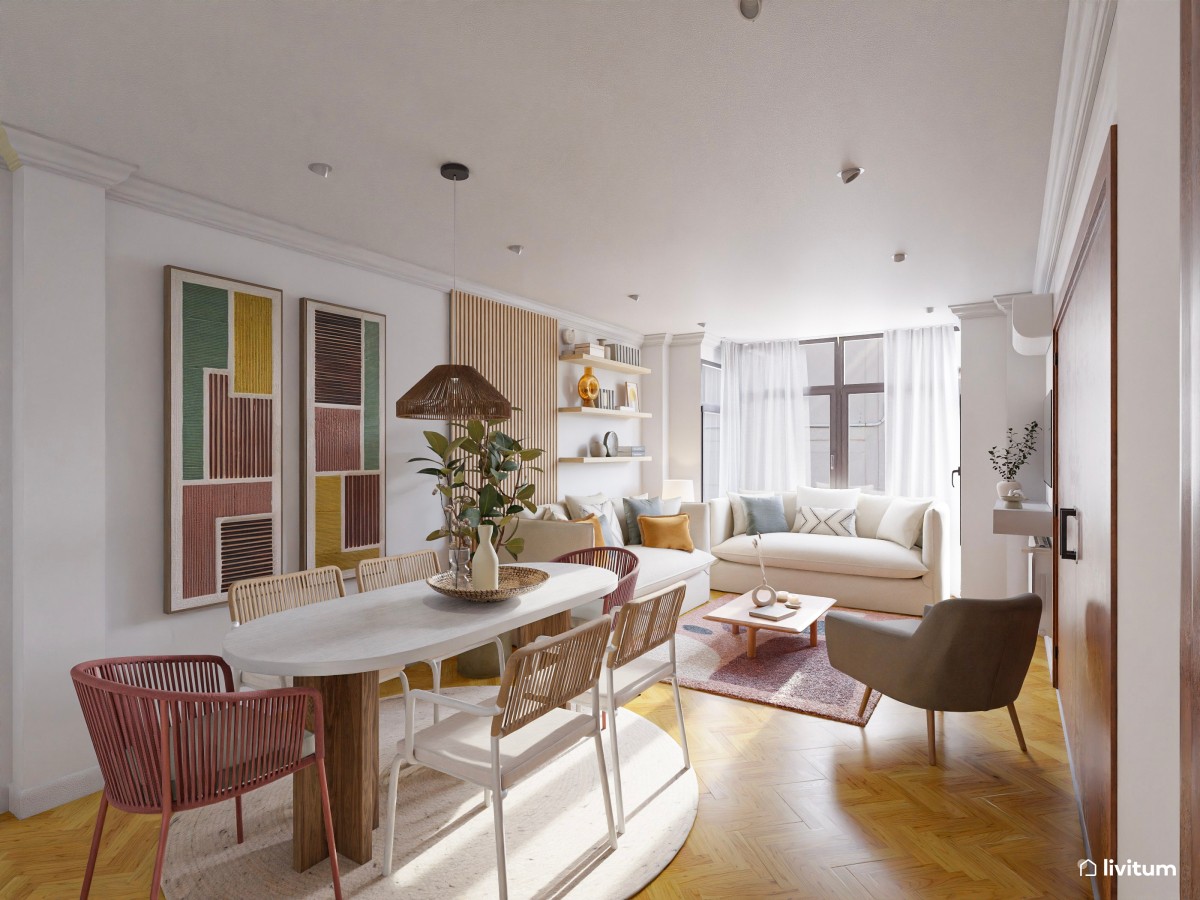 Colorido salón comedor en tonos cálidos y detalles en verde y burdeos