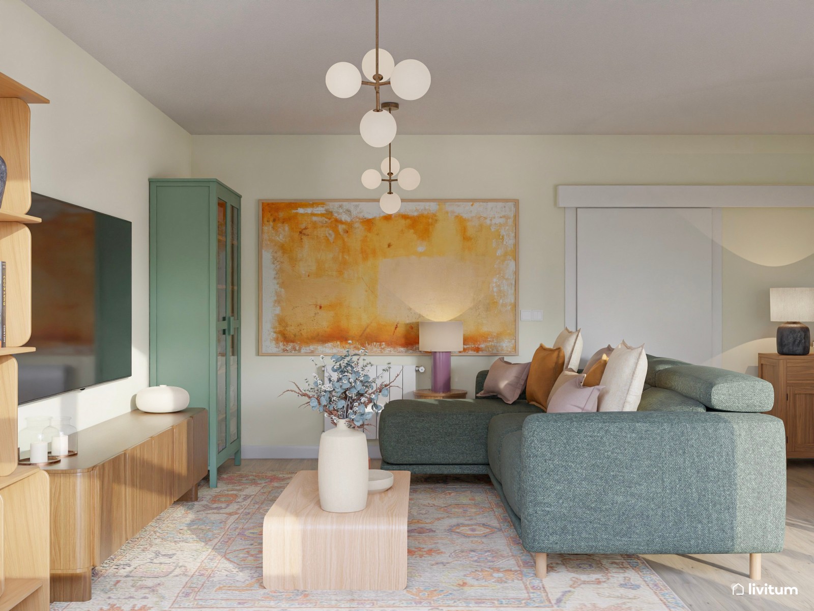 Colorido salón comedor moderno con sofás en verde oscuro