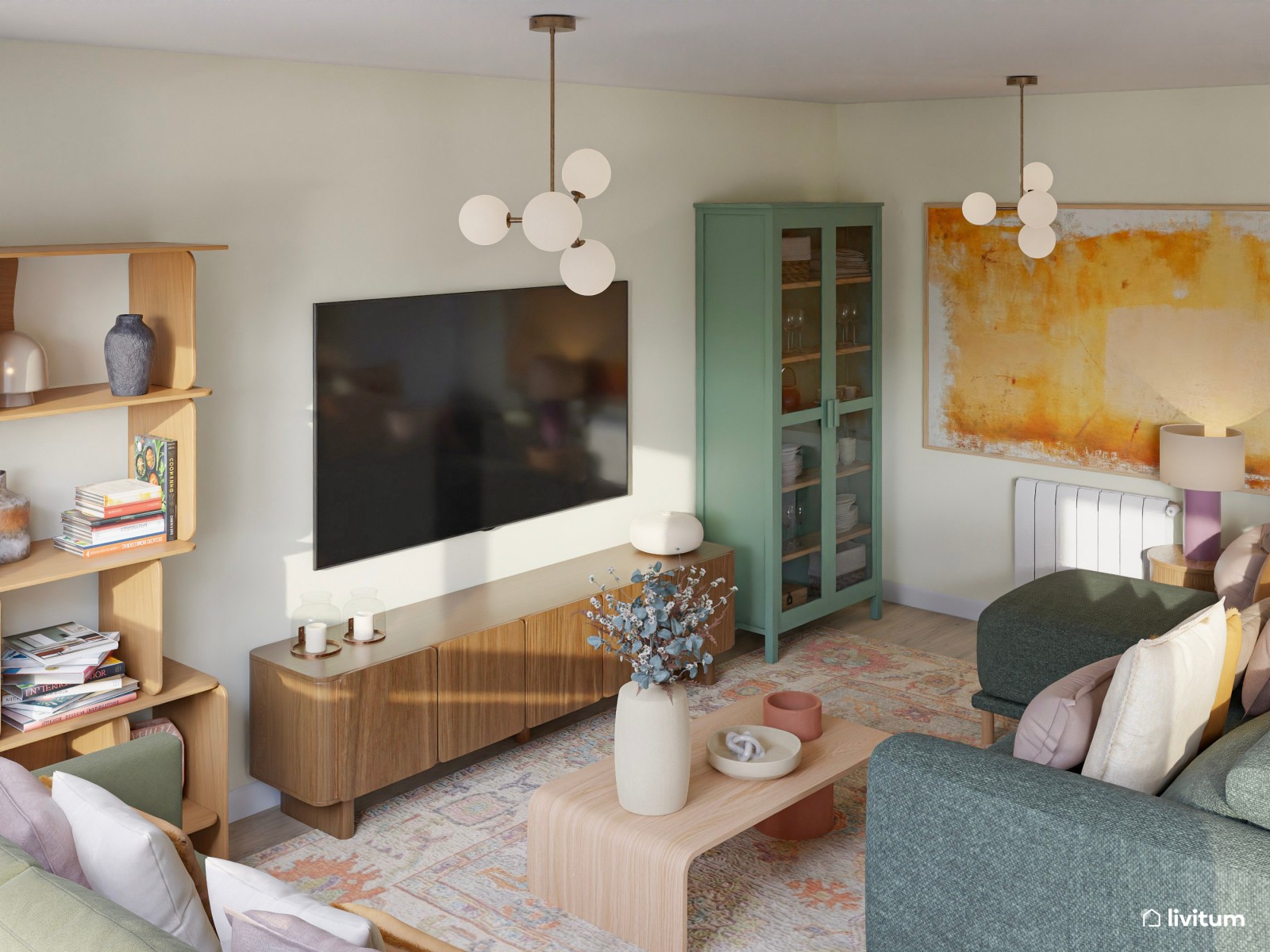 Colorido salón comedor moderno con sofás en verde oscuro