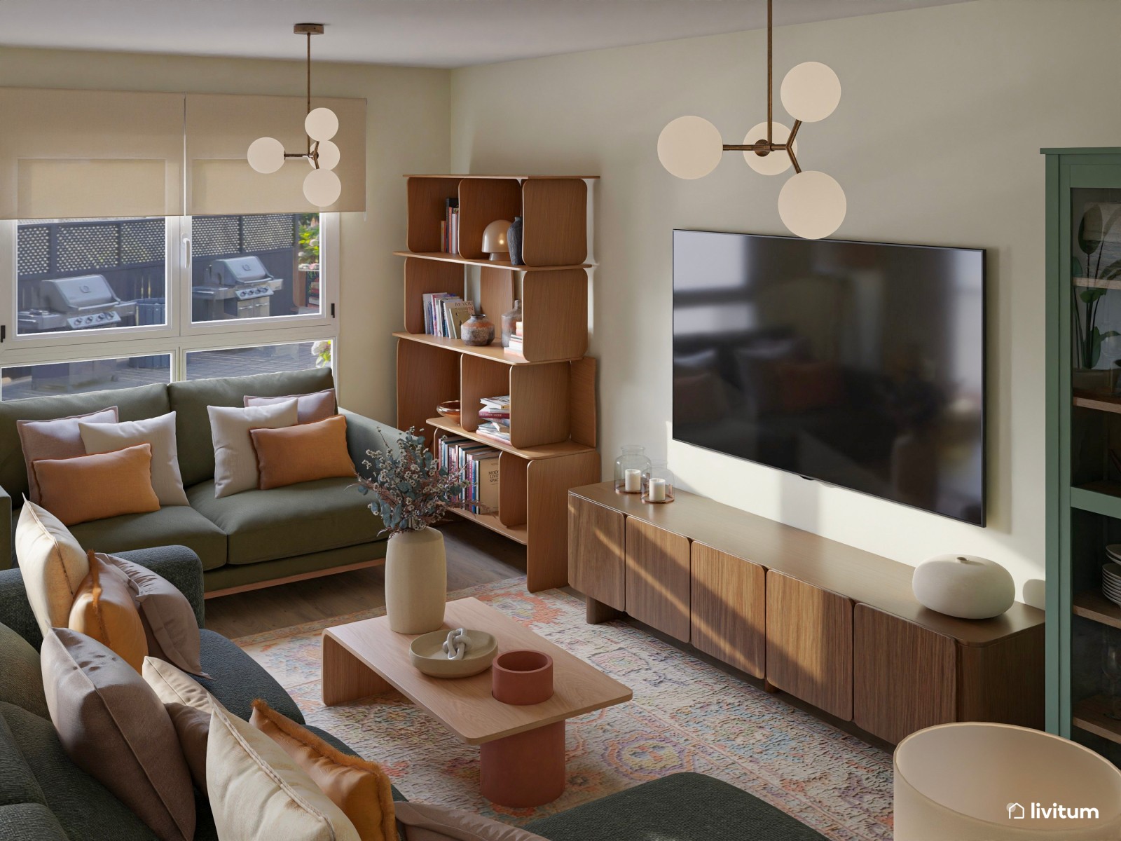 Colorido salón comedor moderno con sofás en verde oscuro