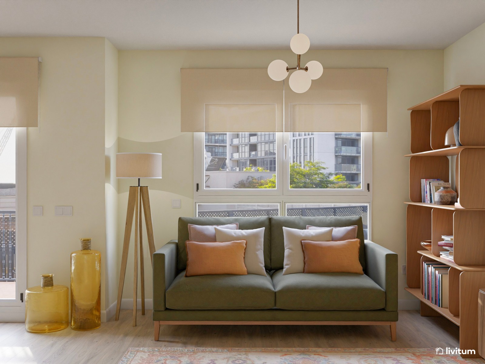 Colorido salón comedor moderno con sofás en verde oscuro