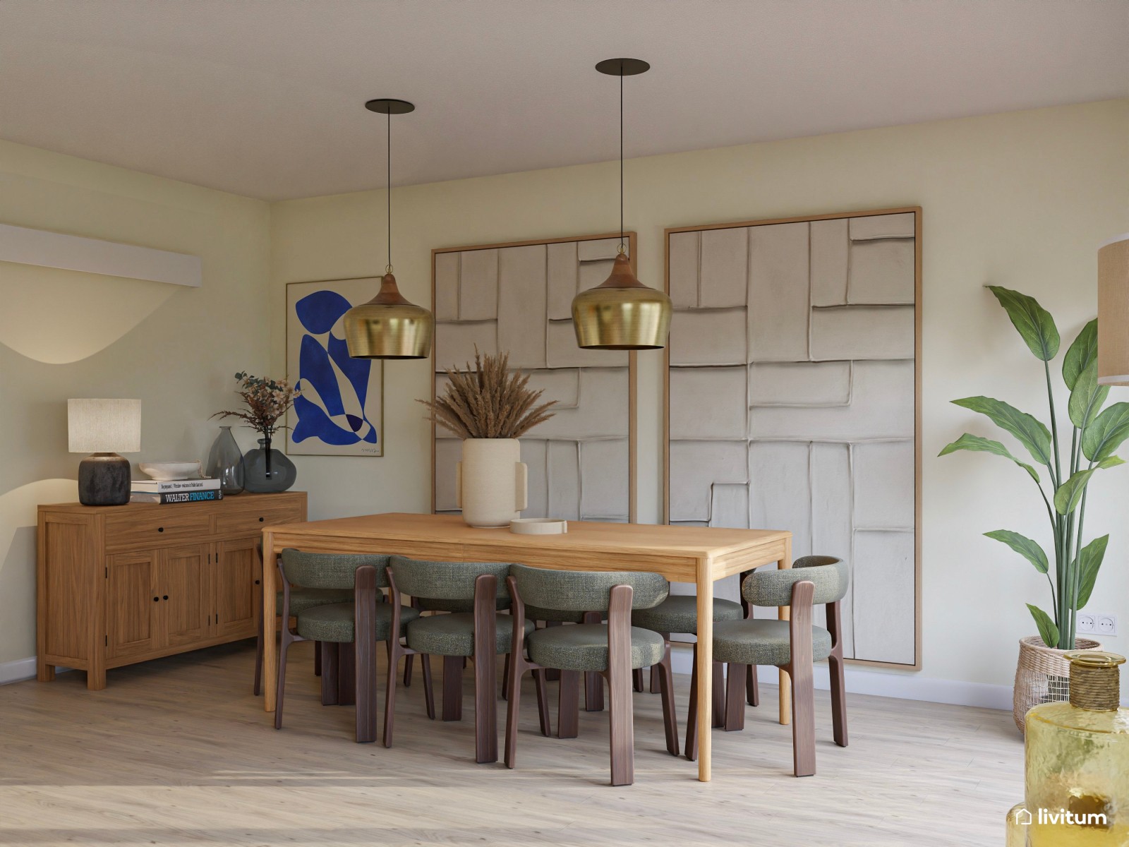 Colorido salón comedor moderno con sofás en verde oscuro