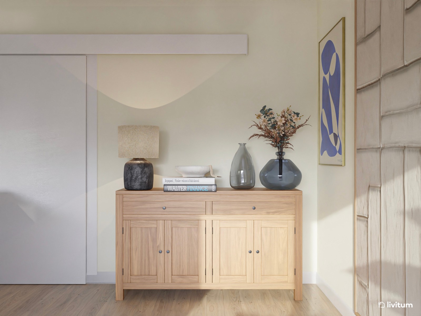 Colorido salón comedor moderno con sofás en verde oscuro