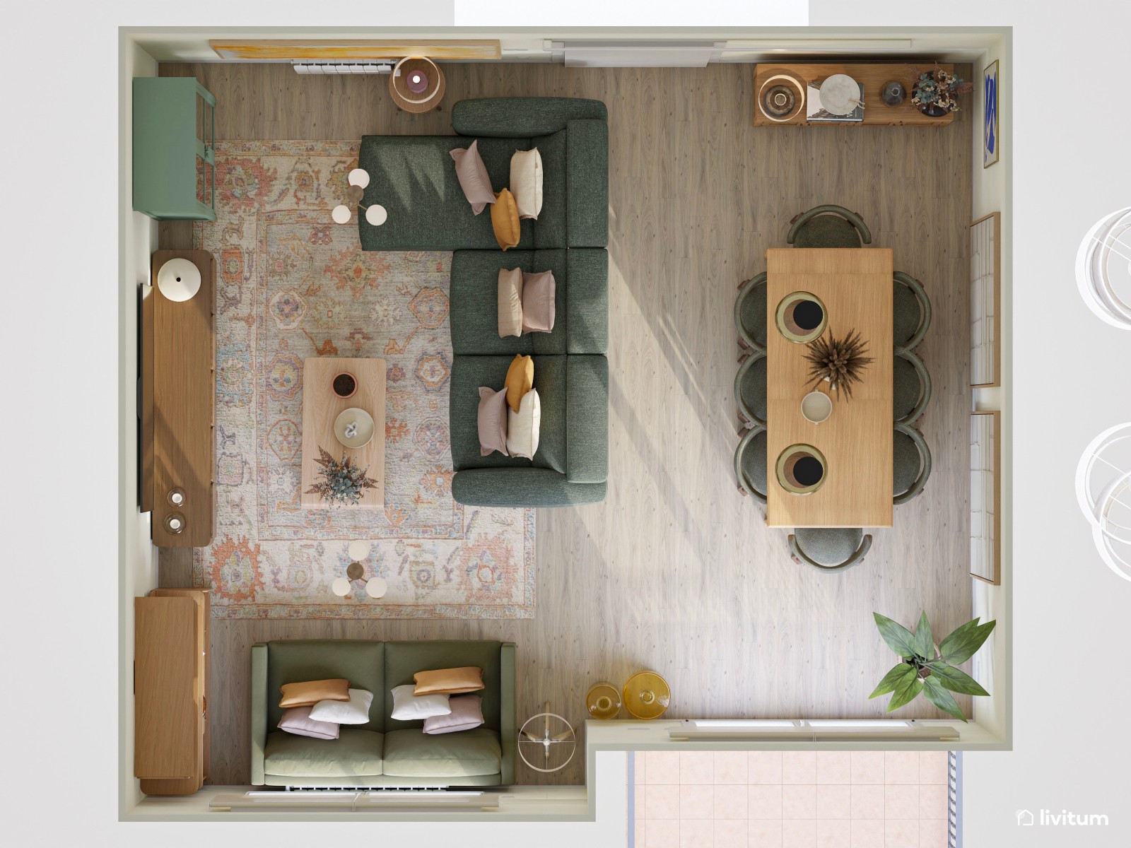 Colorido salón comedor moderno con sofás en verde oscuro