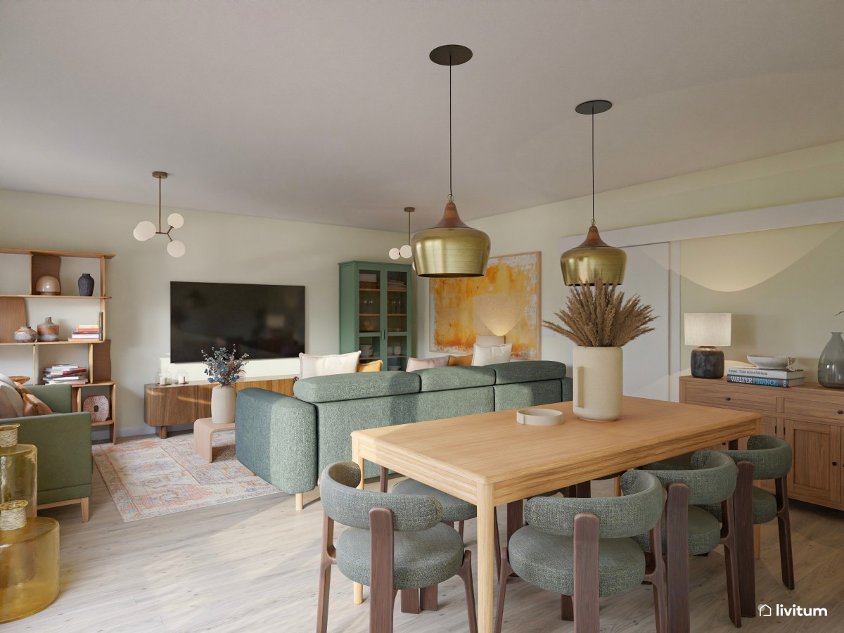 Colorido salón comedor moderno con sofás en verde oscuro