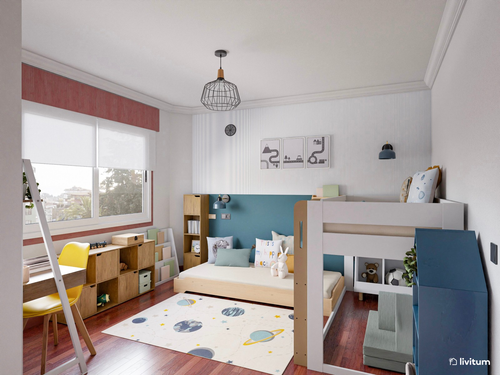 Colorido y alegre dormitorio infantil con espacio de juego y escritorio 
