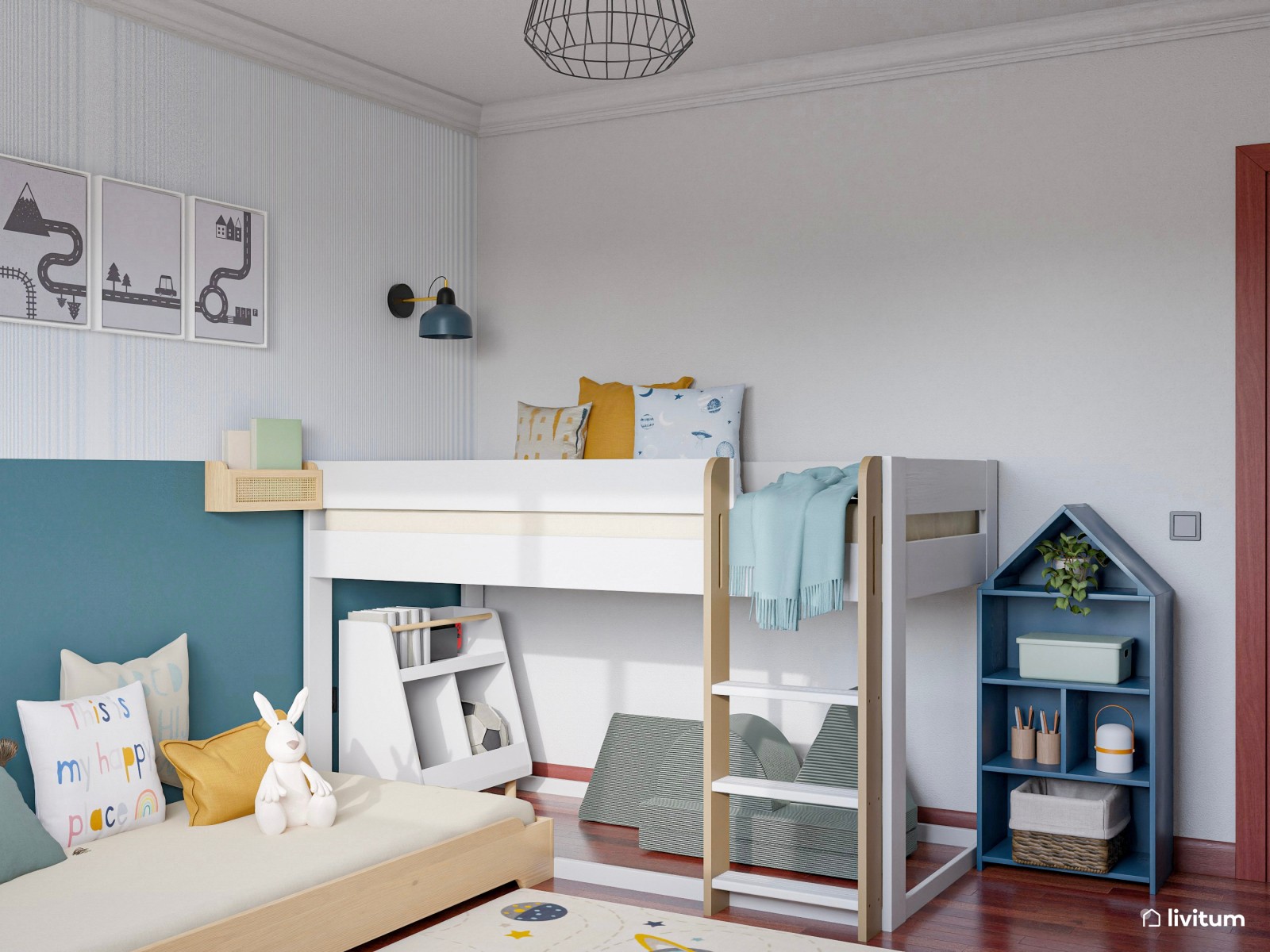 Colorido y alegre dormitorio infantil con espacio de juego y escritorio 
