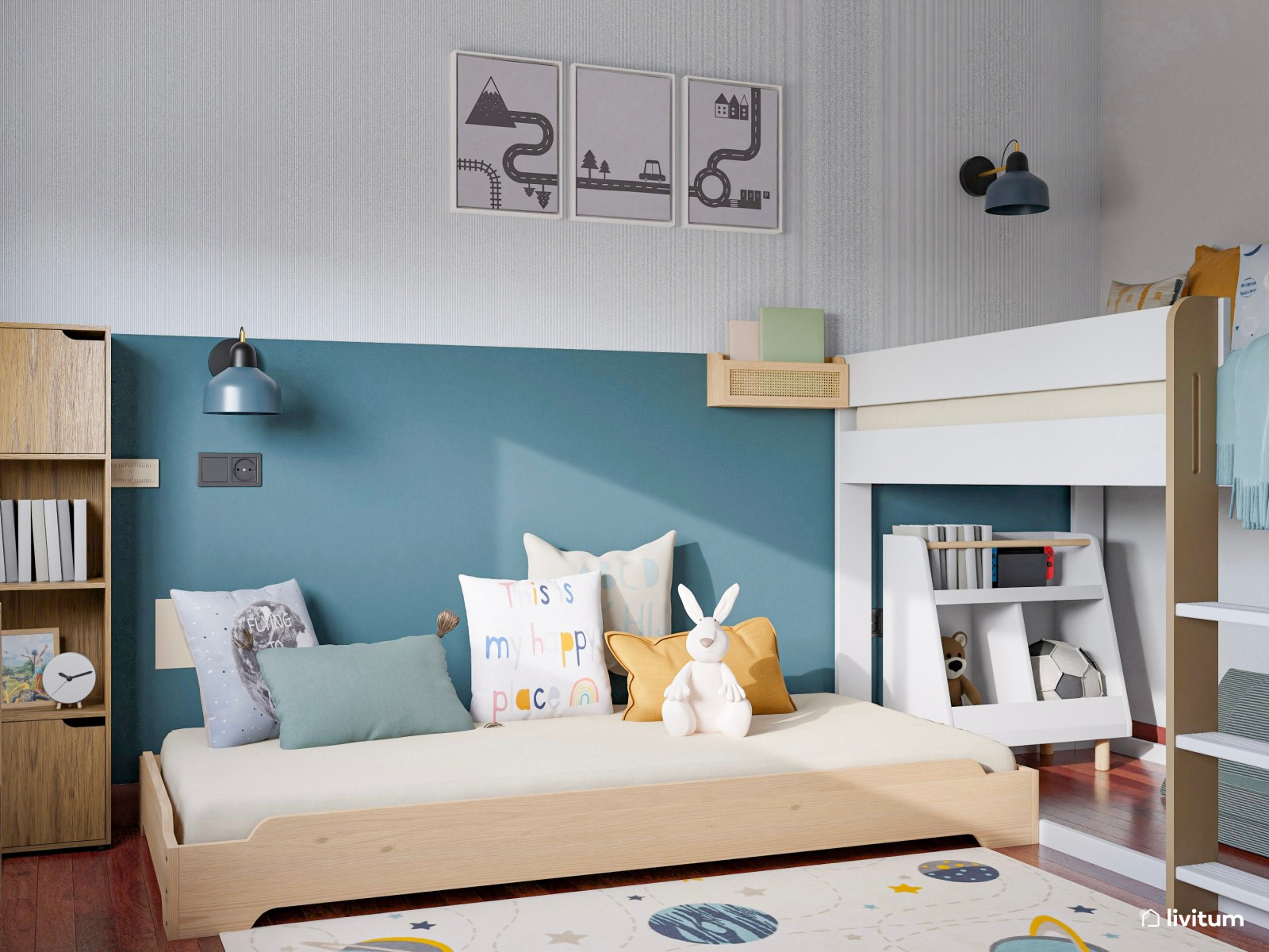 Colorido y alegre dormitorio infantil con espacio de juego y escritorio 