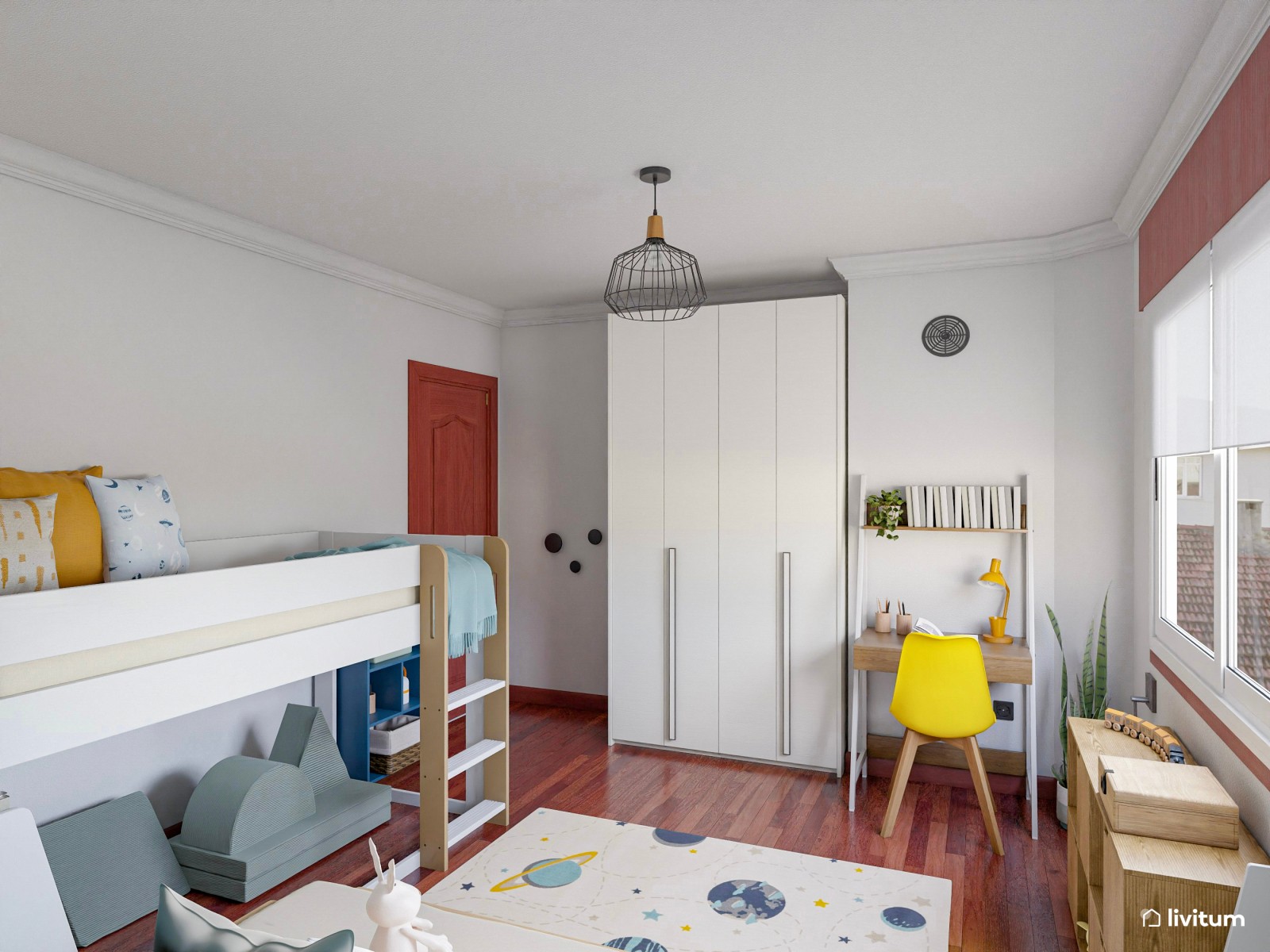 Colorido y alegre dormitorio infantil con espacio de juego y escritorio 