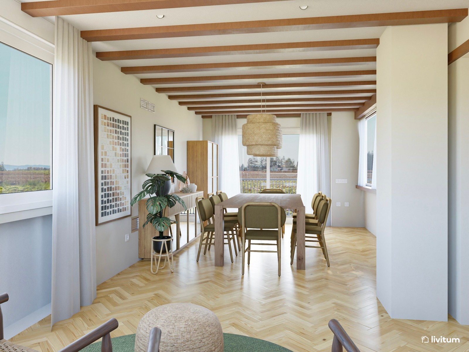 Comedor bohemio en madera y fibras naturales con acentos en verde musgo