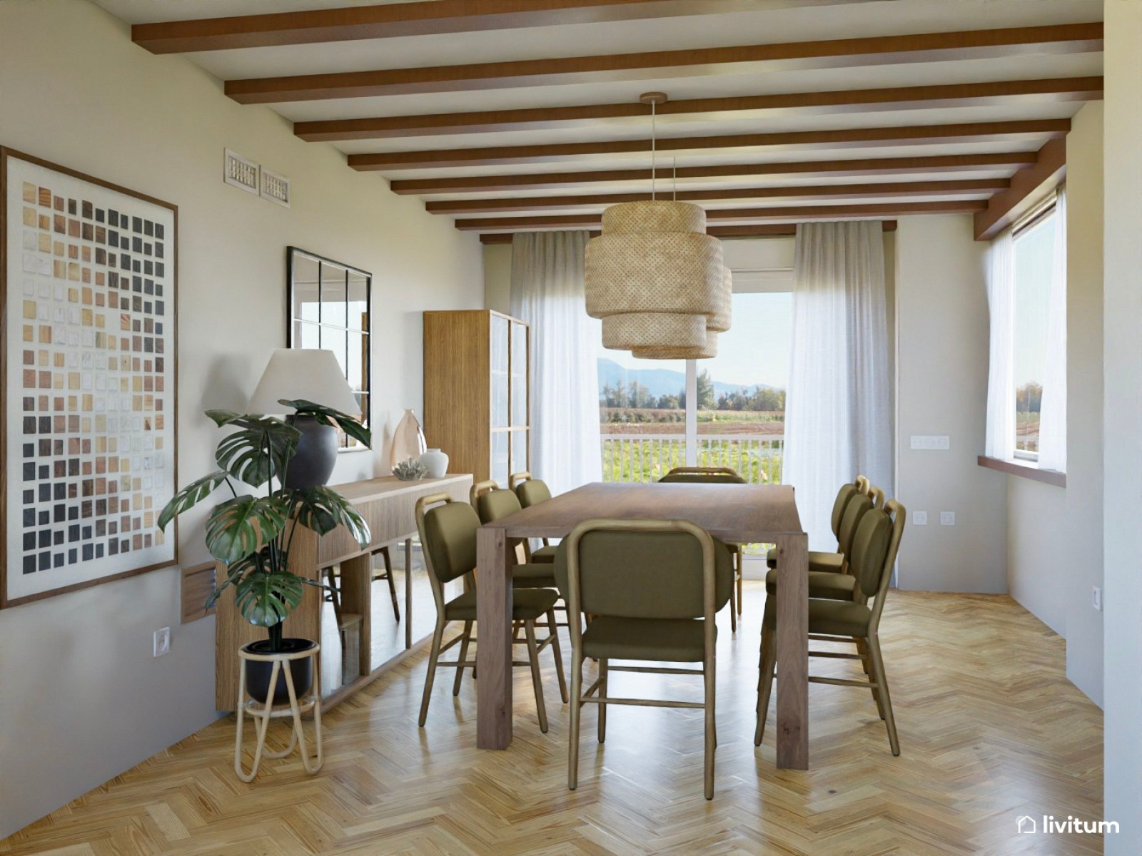 Comedor bohemio en madera y fibras naturales con acentos en verde musgo