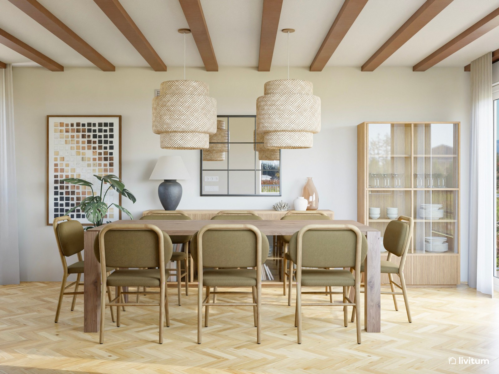 Comedor bohemio en madera y fibras naturales con acentos en verde musgo