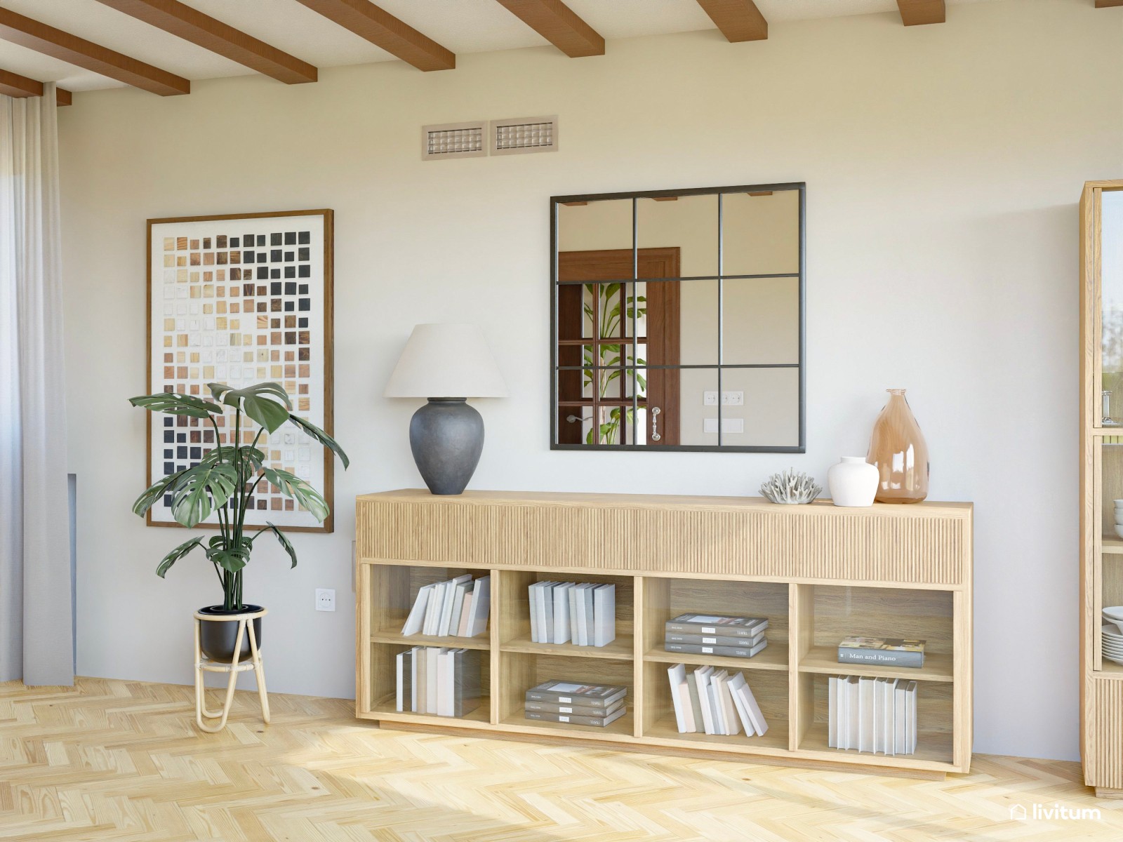 Comedor bohemio en madera y fibras naturales con acentos en verde musgo