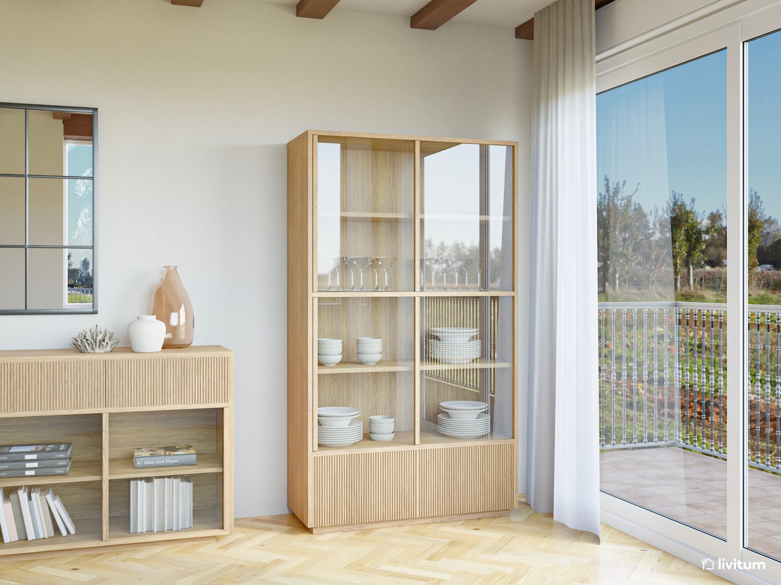 Comedor bohemio en madera y fibras naturales con acentos en verde musgo