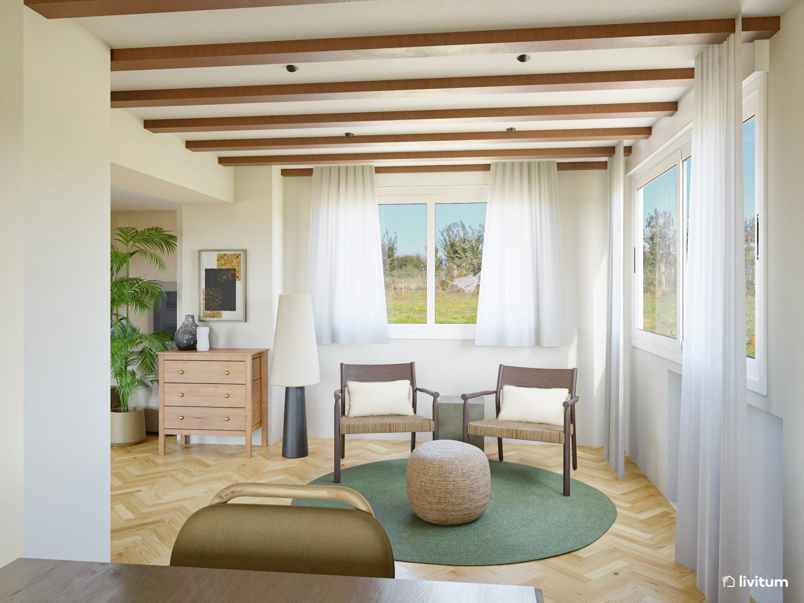 Comedor bohemio en madera y fibras naturales con acentos en verde musgo