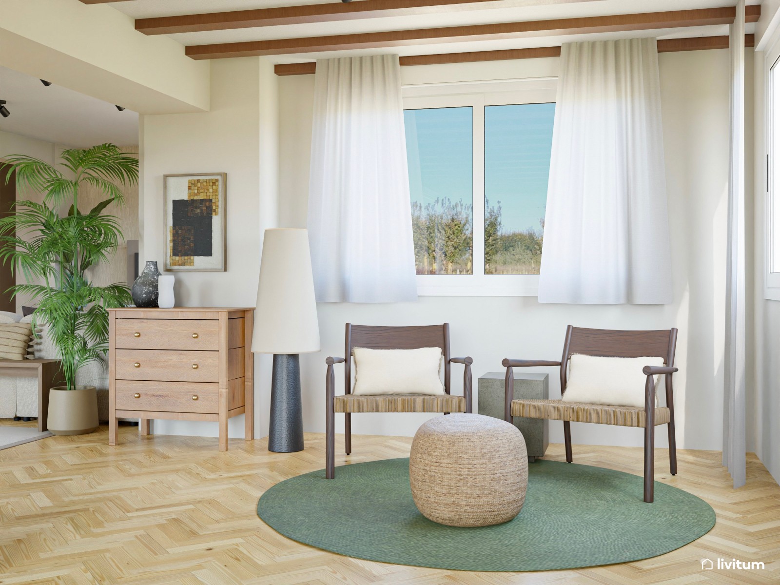 Comedor bohemio en madera y fibras naturales con acentos en verde musgo