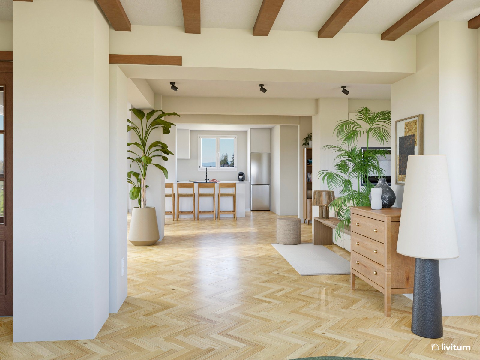 Comedor bohemio en madera y fibras naturales con acentos en verde musgo