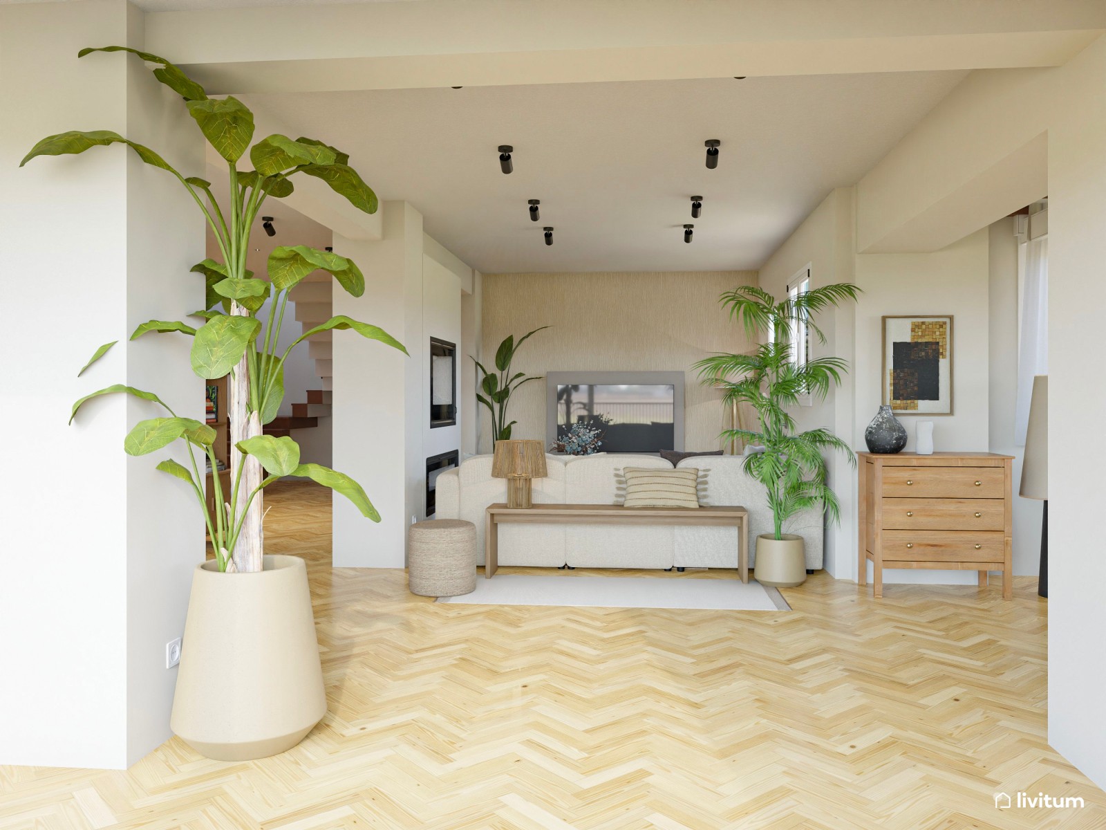 Comedor bohemio en madera y fibras naturales con acentos en verde musgo