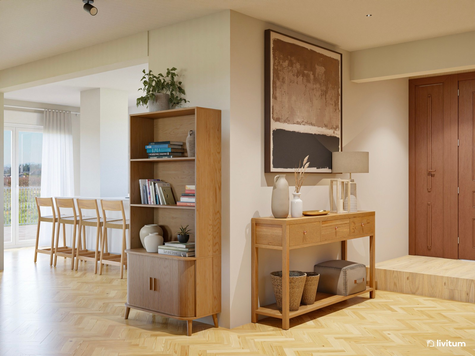 Comedor bohemio en madera y fibras naturales con acentos en verde musgo