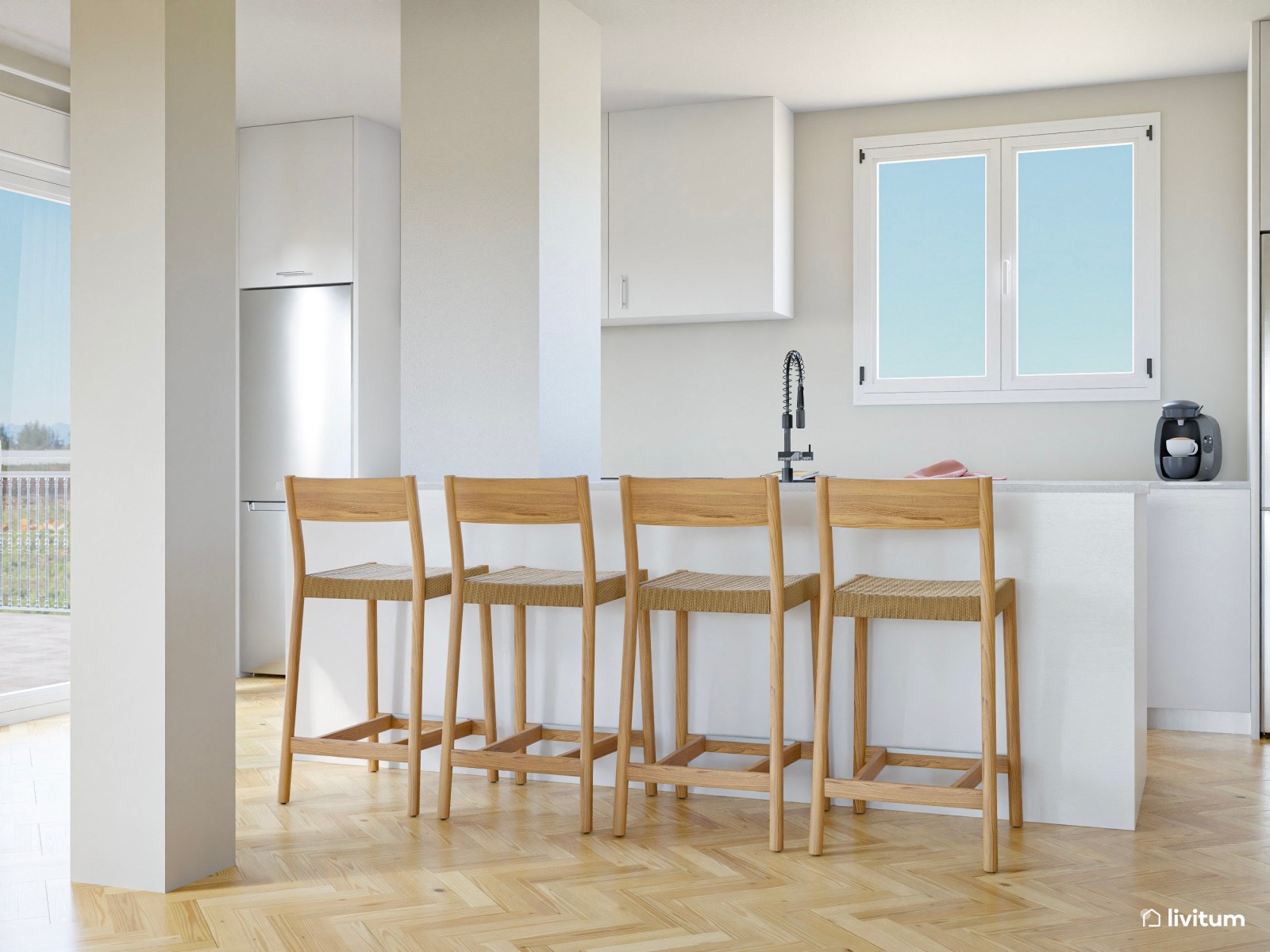 Comedor bohemio en madera y fibras naturales con acentos en verde musgo