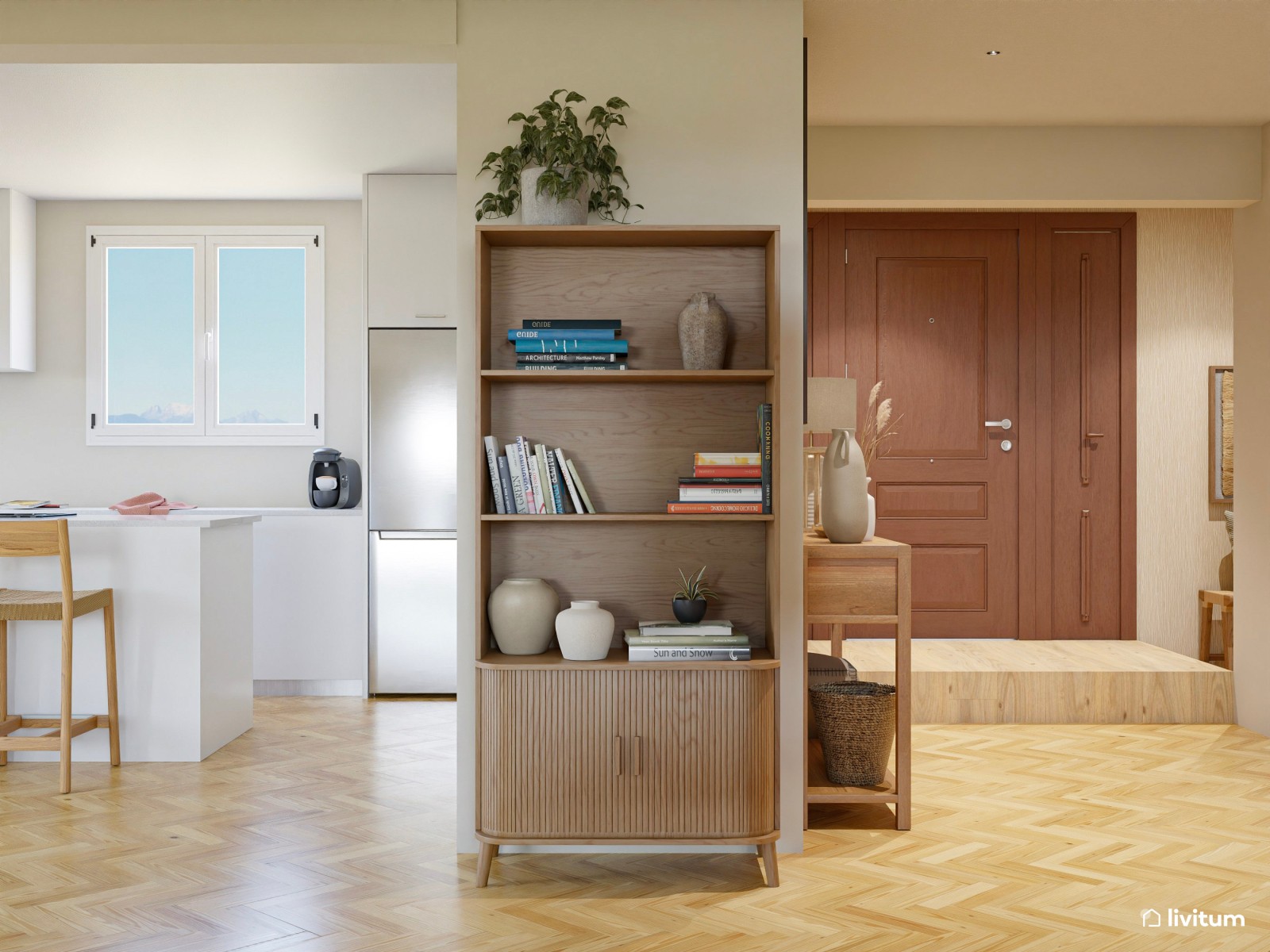 Comedor bohemio en madera y fibras naturales con acentos en verde musgo