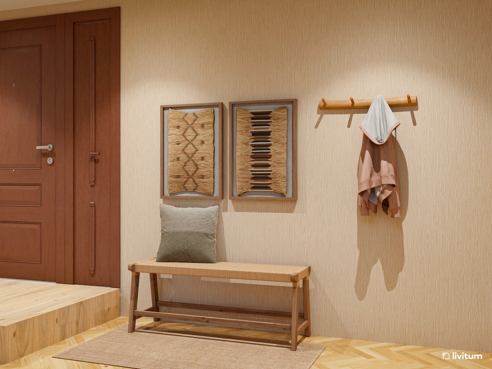 Comedor bohemio en madera y fibras naturales con acentos en verde musgo