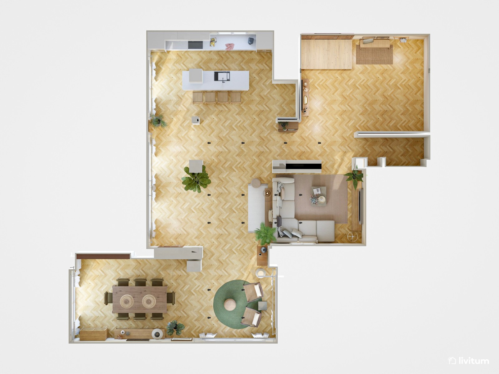 Comedor bohemio en madera y fibras naturales con acentos en verde musgo