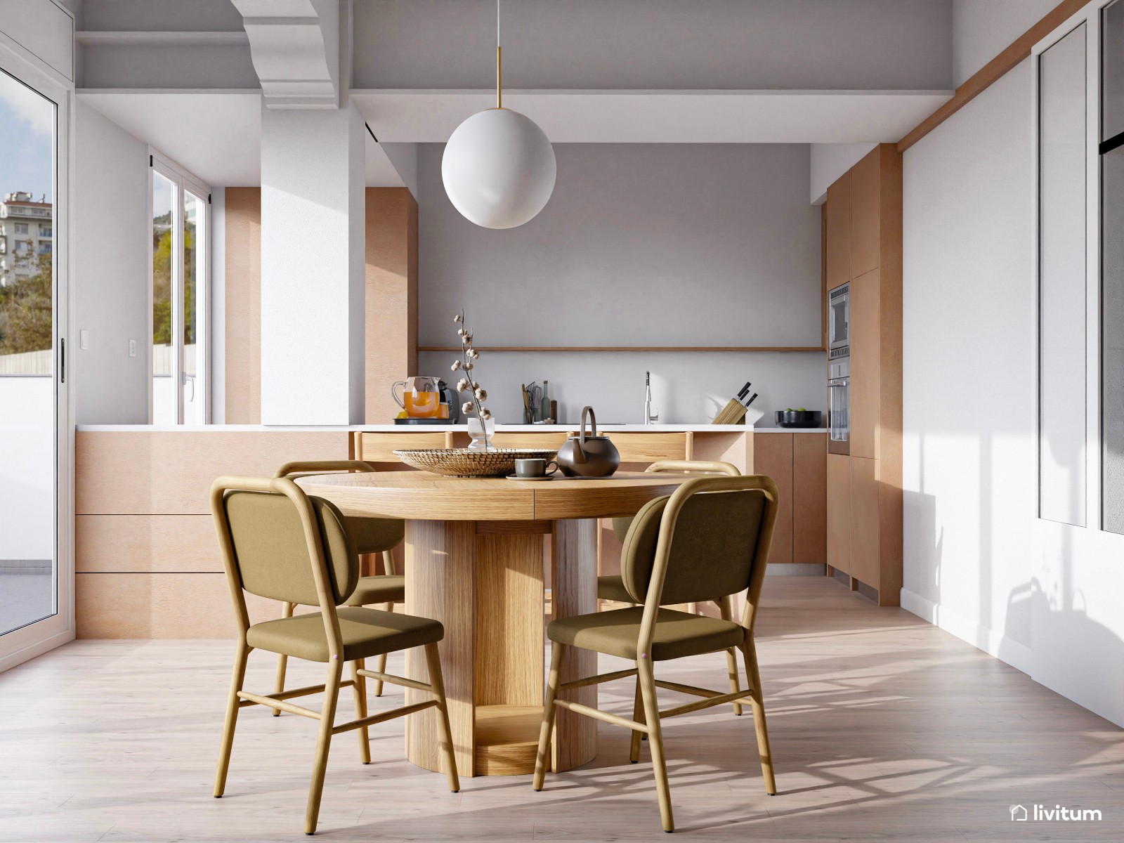 Comedor boho con cocina abierta y recibidor pequeño