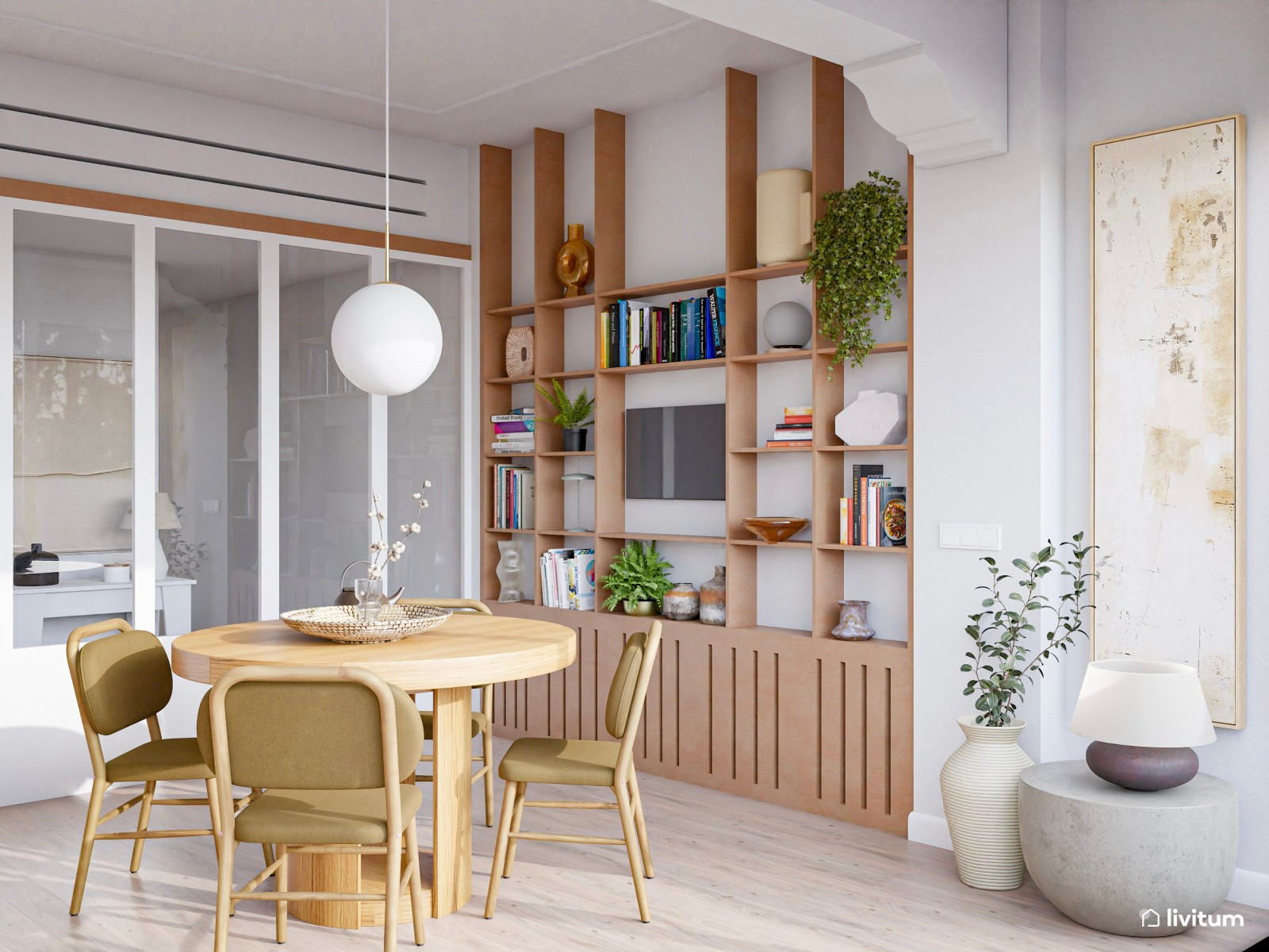 Comedor boho con cocina abierta y recibidor pequeño